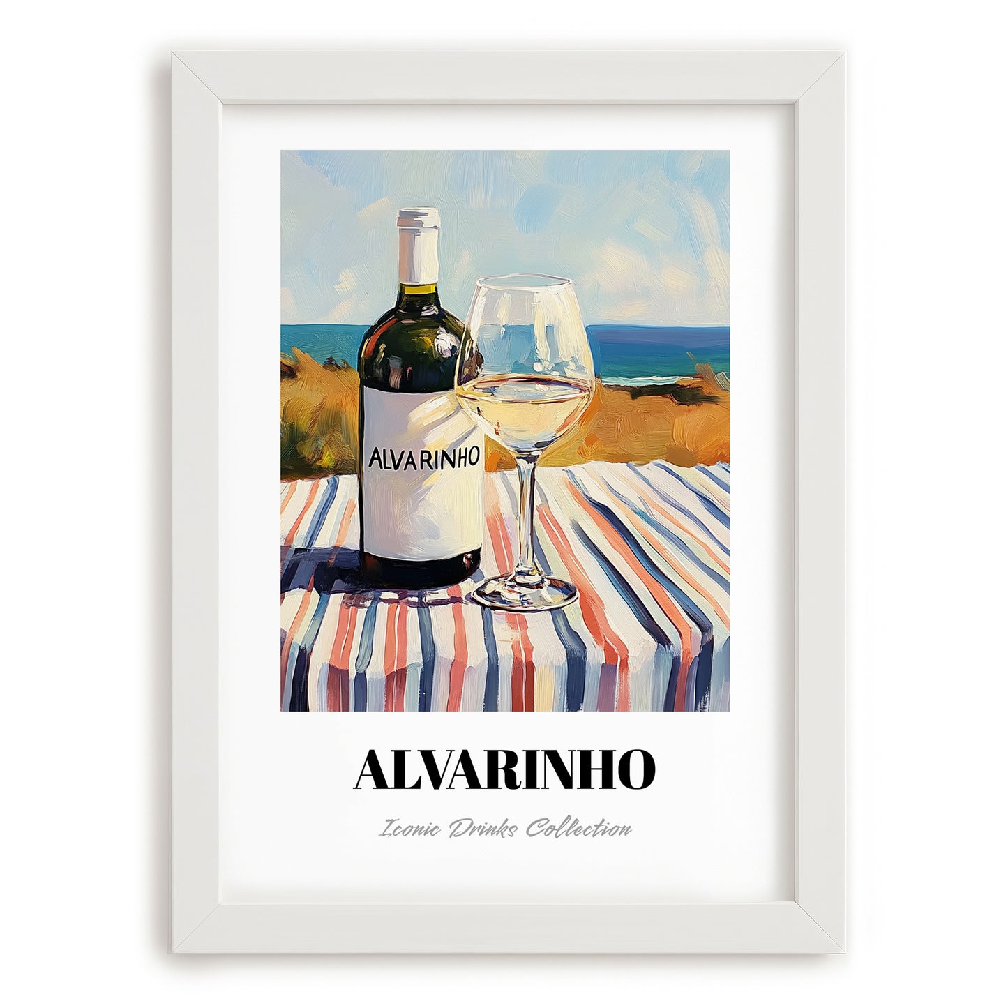 Alvarinho – Portuguese Seaside Scene, Portuguese Wine Illustration, placed in minimal white frame