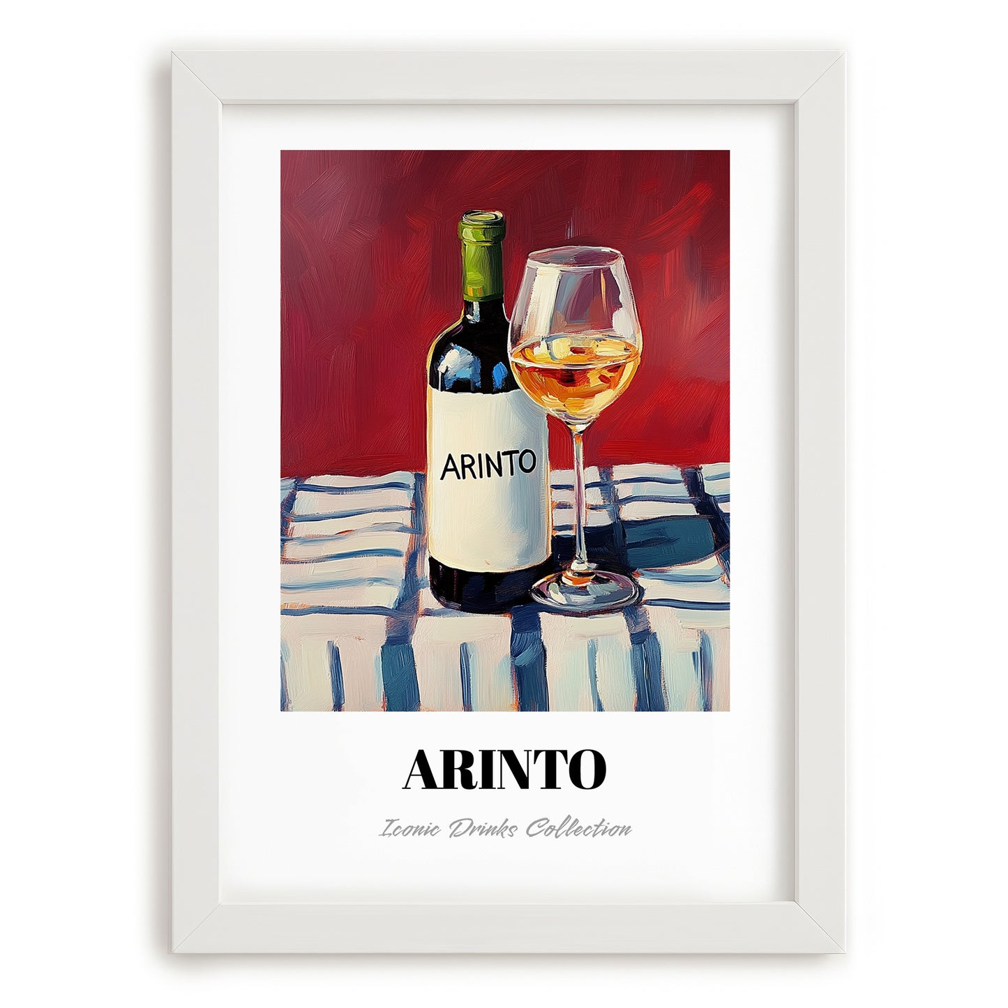 Arinto – on Striped Tablecloth, Portuguese Wine Poster, placed in minimal white frame