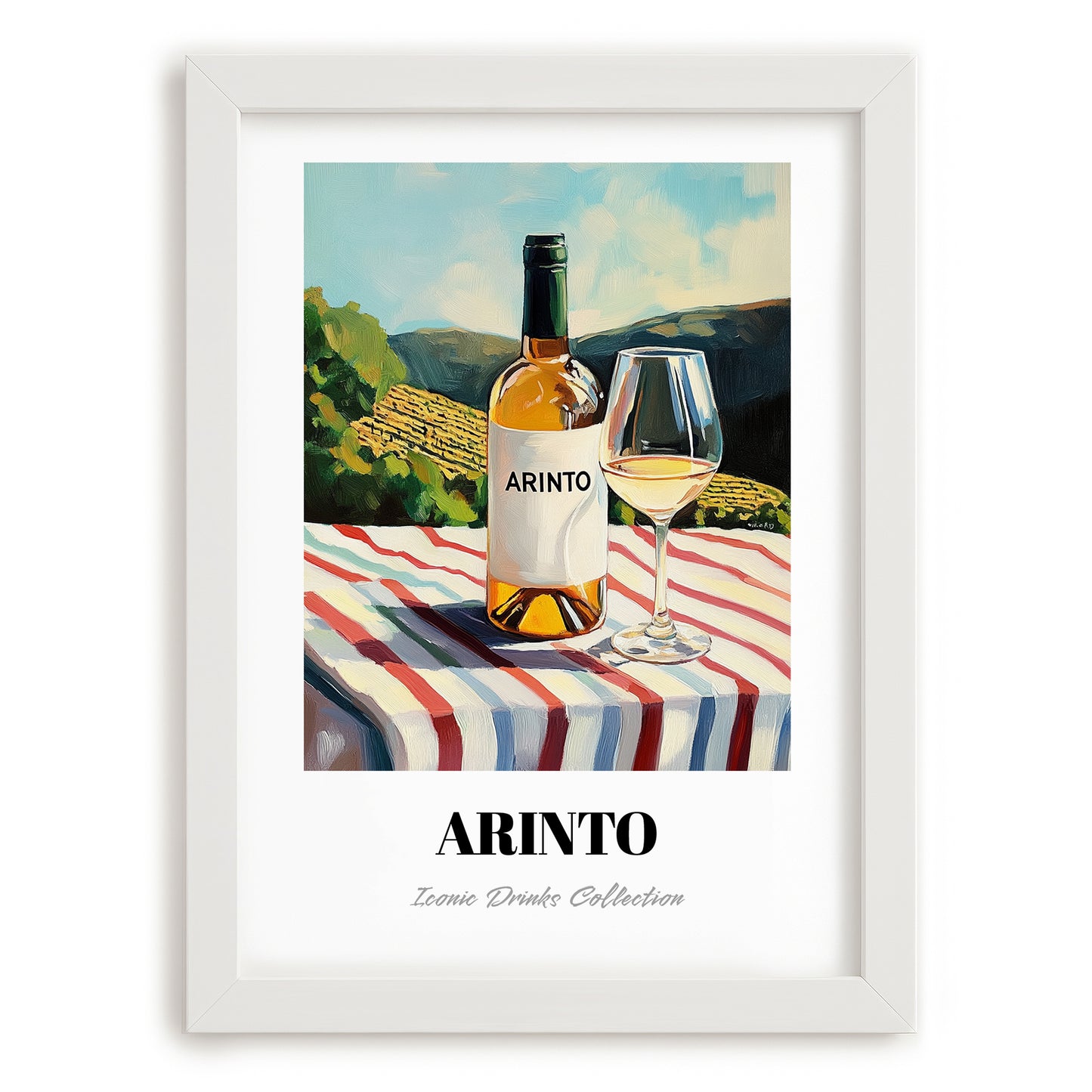 Arinto – Portuguese Hilltop Table Scene, Portuguese Wine Wall Decor, placed in minimal white frame