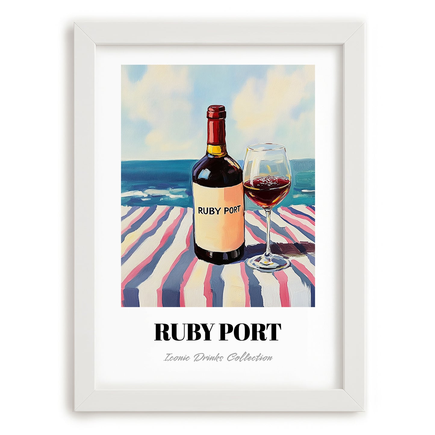Ruby Port – Portuguese Seaside Scene, Portuguese Dessert Wine Wall Illustration, placed in minimal white frame