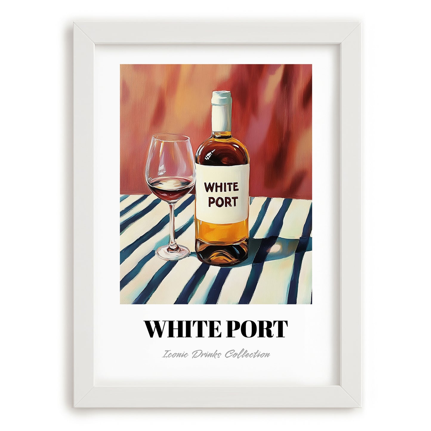 White Port – on Striped Tablecloth, Portuguese Dessert Wine Poster, placed in minimal white frame