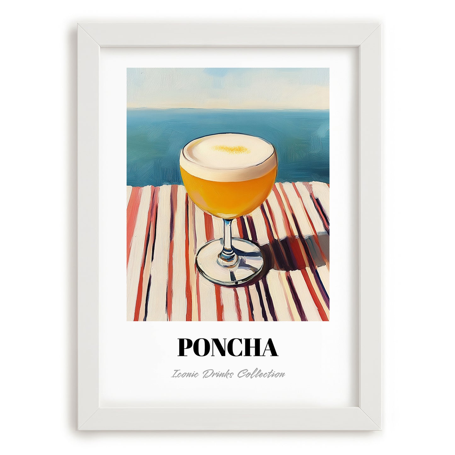 Poncha – Portuguese Coastal Café Moment, Portuguese Cocktail Illustration, placed in minimal white frame