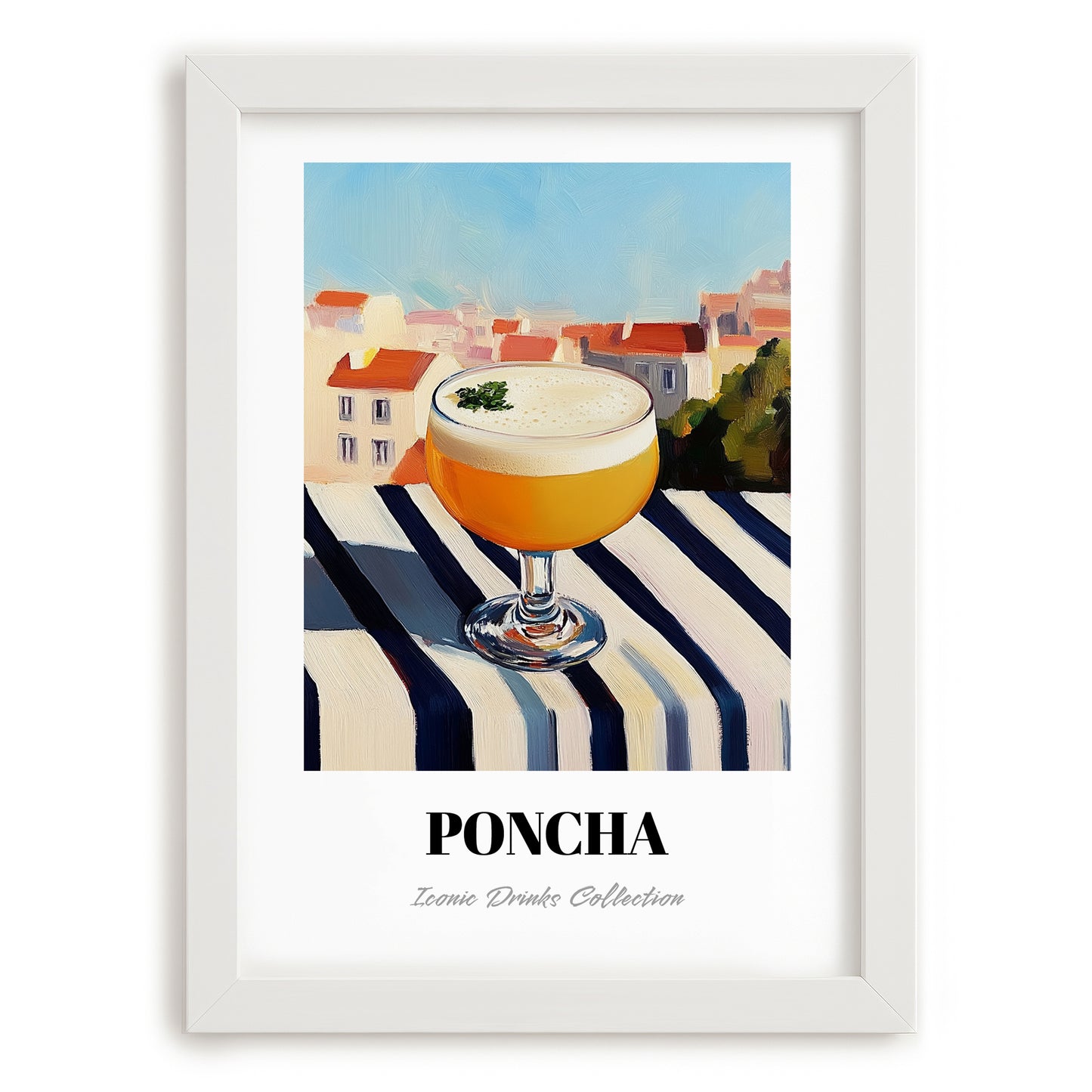 Poncha – Portuguese Outdoor Café Scene, Portuguese Cocktail Painting, placed in minimal white frame