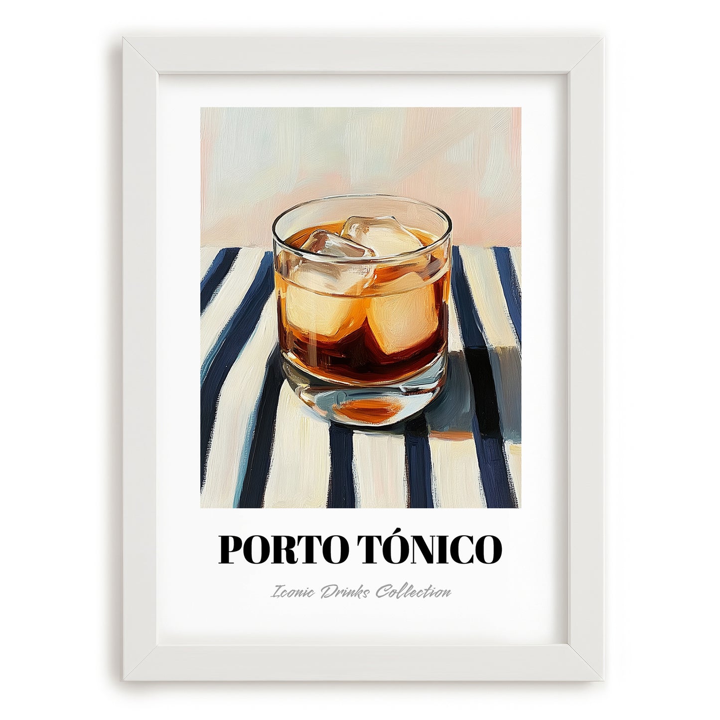 Porto Tónico – on Striped Tablecloth, Portuguese Cocktail Wall Art, placed in minimal white frame