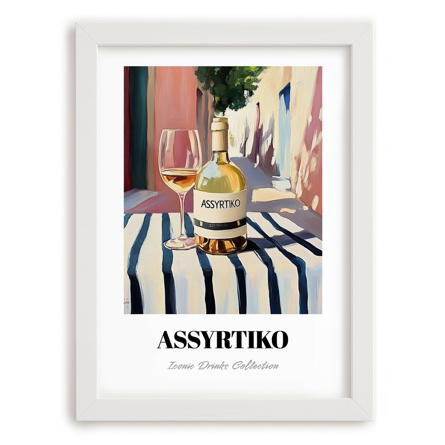 Assyrtiko – Greek Outdoor Café Scene, Greek Wine Still Life, placed in minimal white frame