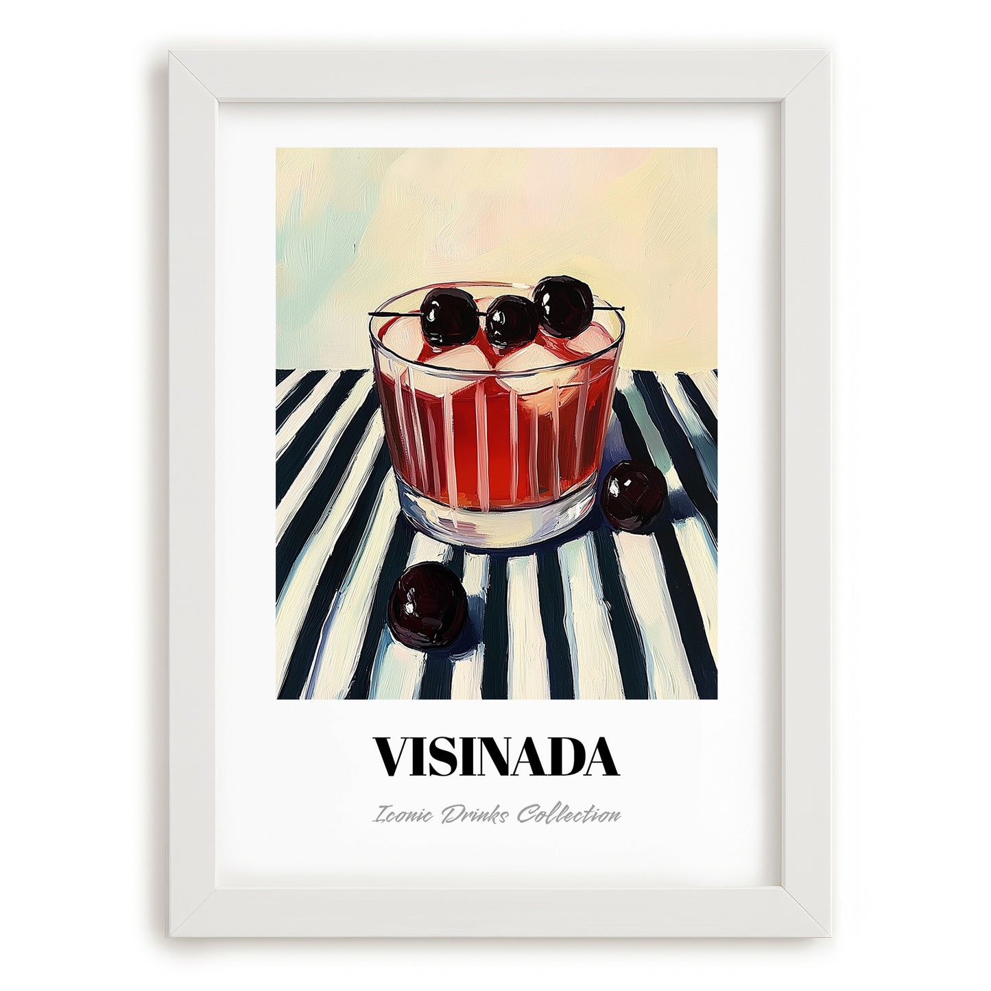 Visinada – on Striped Tablecloth, Greek Beverage Poster, placed in minimal white frame