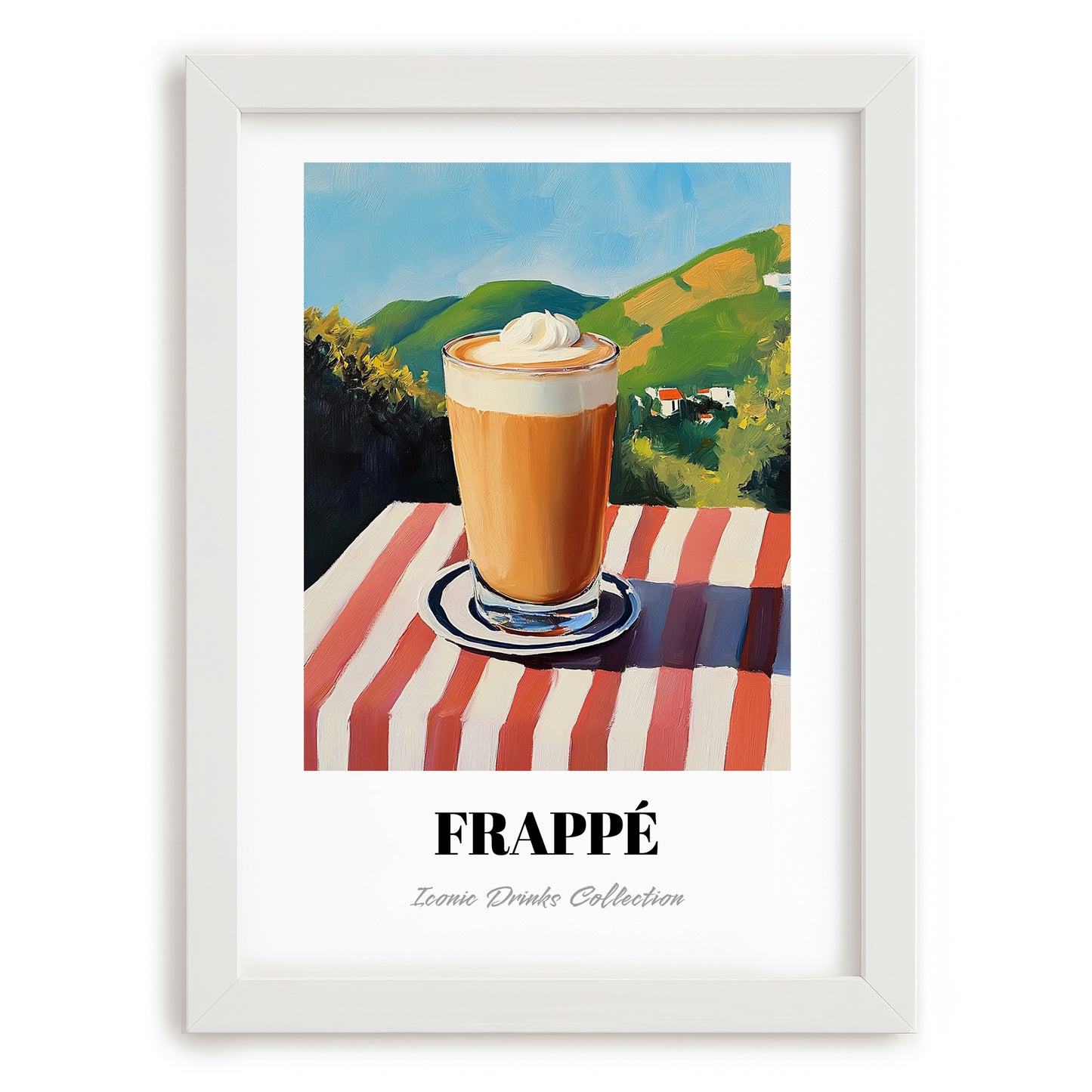 Frappé – Greek Hillside Café View, Greek Coffee Painting, placed in minimal white frame