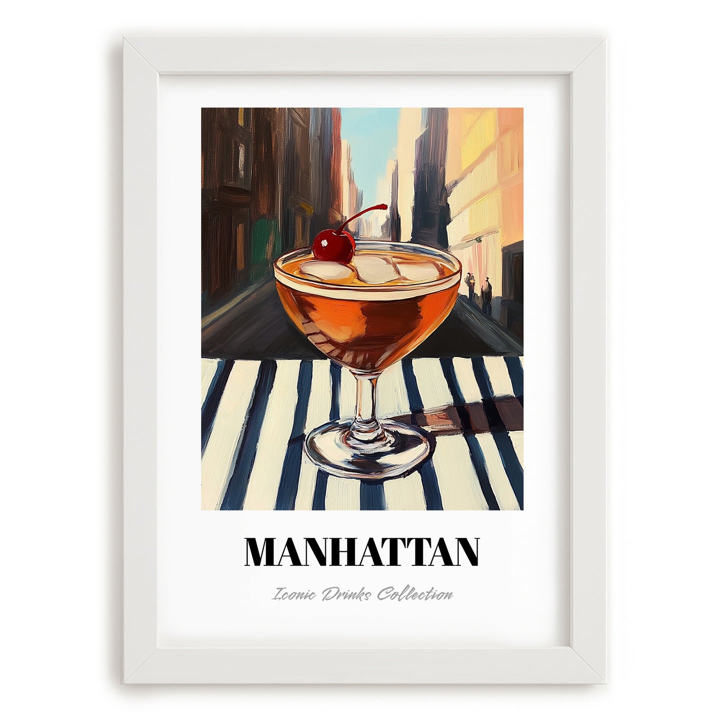 Manhattan – American Street Café Scene, American Cocktail Wall Illustration, placed in minimal white frame