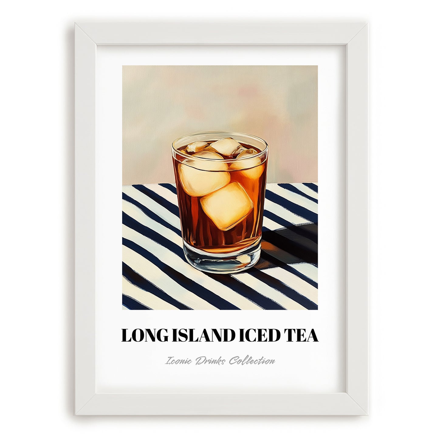 Long Island Iced – on Striped Tablecloth, American Cocktail Print, placed in minimal white frame