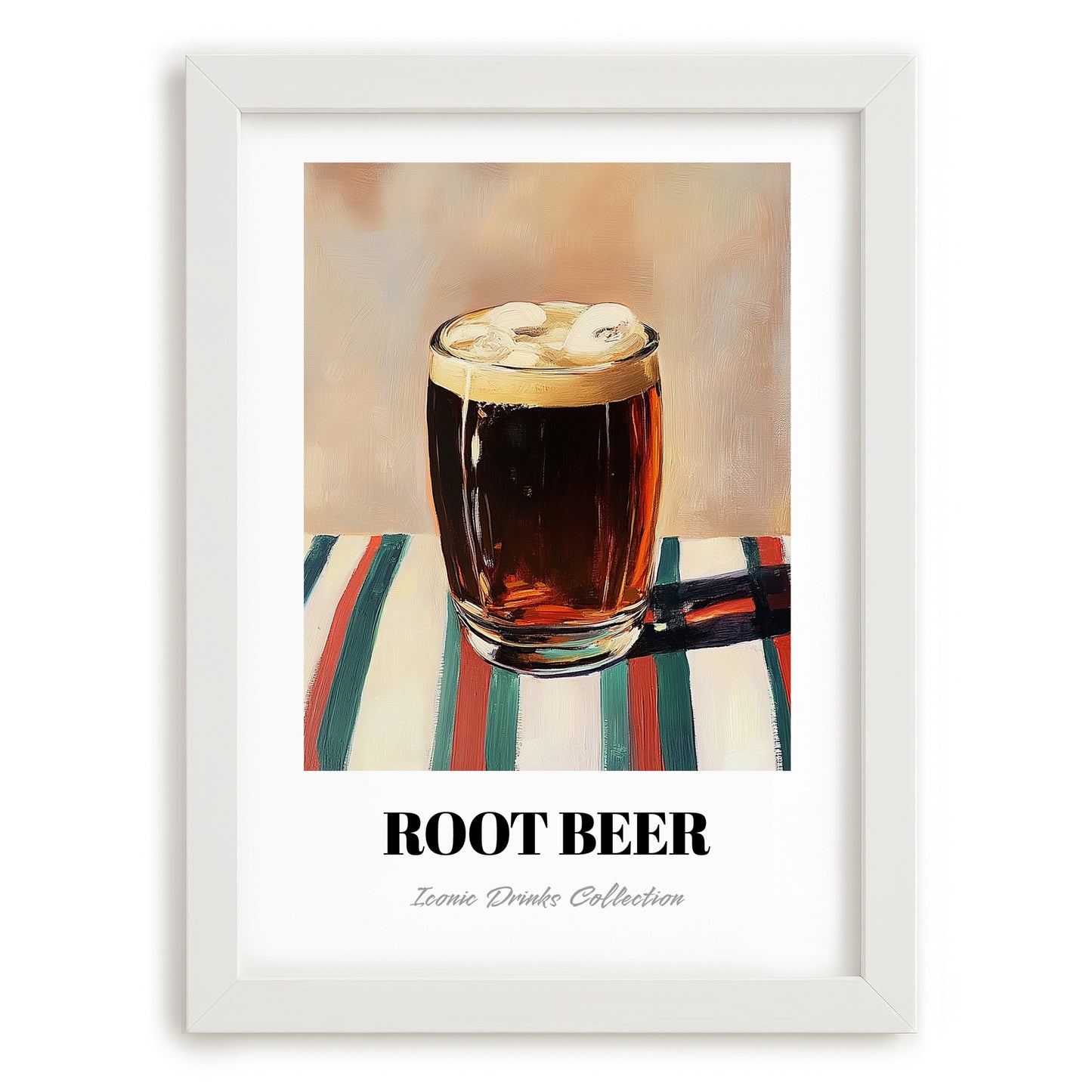 Root Beer – on Striped Tablecloth, American Beverage Wall Art, placed in minimal white frame