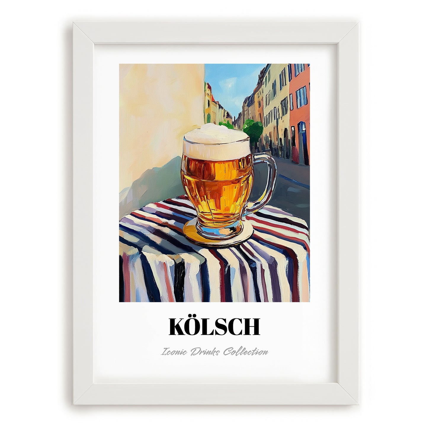 Kölsch – German Urban Café Scene, German Beer Wall Painting, placed in minimal white frame