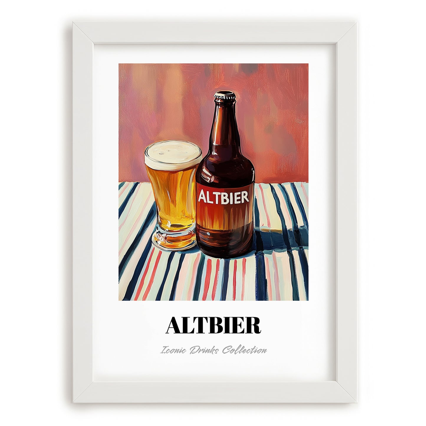 Altbier – on Striped Tablecloth, German Beer Wall Print, placed in minimal white frame