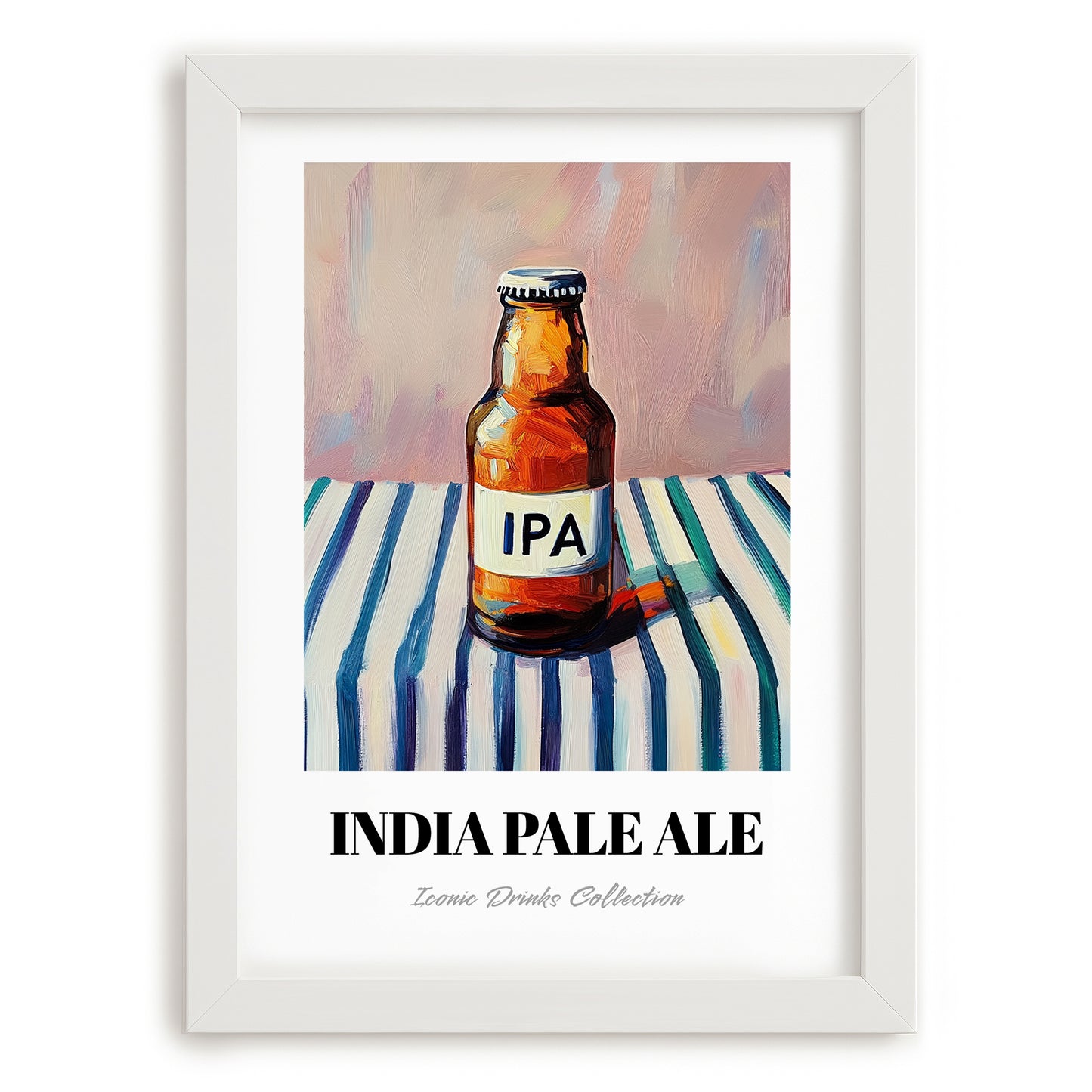 India Pale Ale Beer (IPA) – on Striped Tablecloth, English Beer Poster, placed in minimal white frame