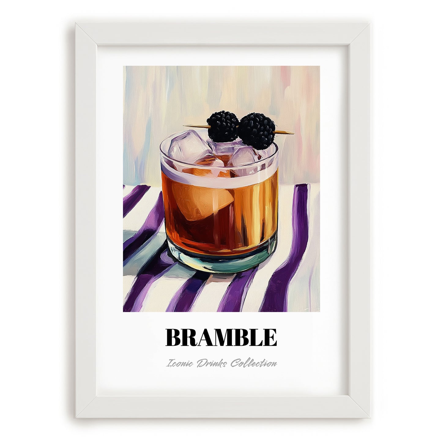Bramble – on Striped Tablecloth, English Cocktail Wall Decor, placed in minimal white frame