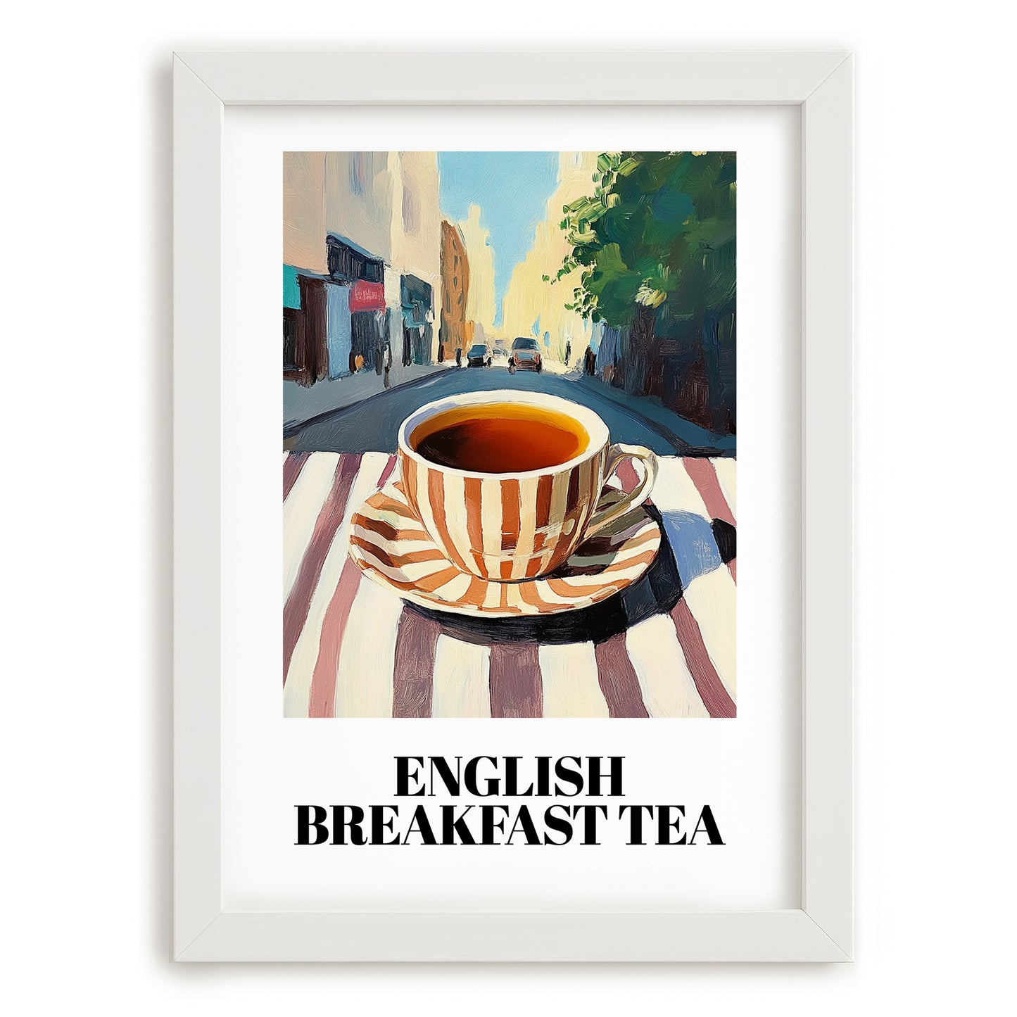 English Breakfast Tea – English Café on the Corner, English Tea Painting, placed in minimal white frame