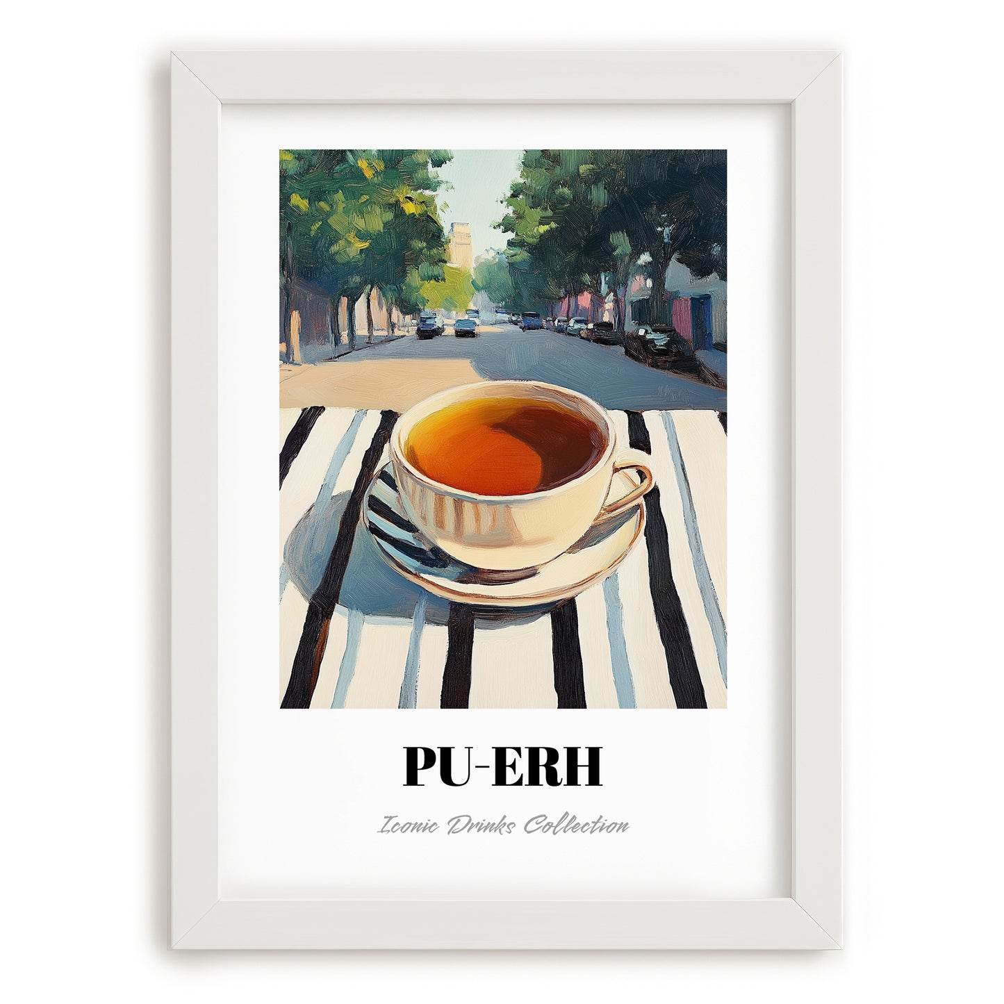 Baijiu – Chinese Café on the Corner, Chinese Tea Painting, placed in minimal white frame