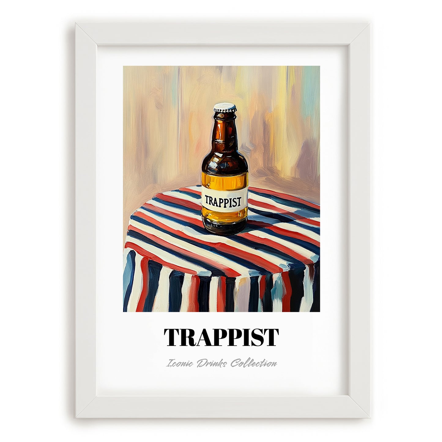 Trappist – on Striped Tablecloth, Belgian Beer Still Life, placed in minimal white frame