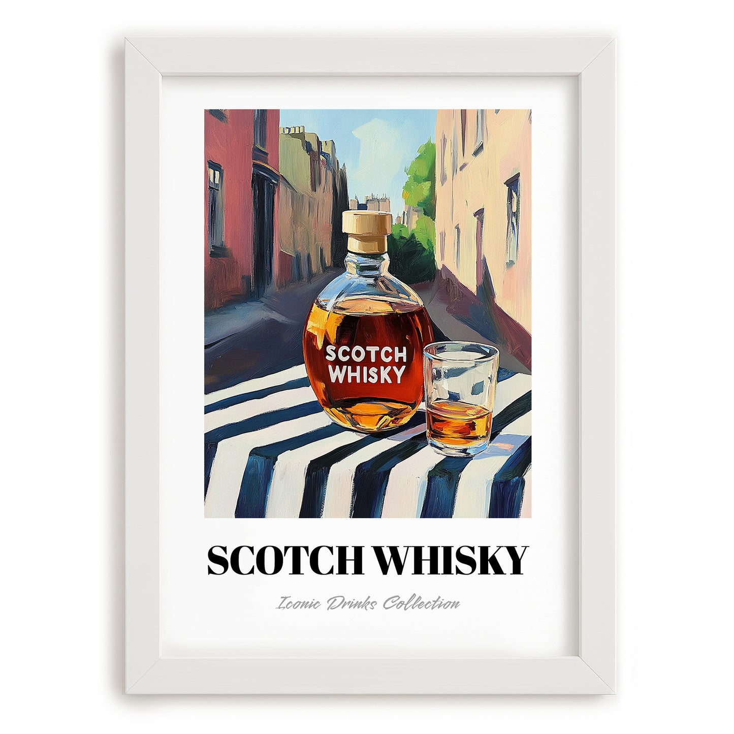 Scotch Whisky – Scottish Urban Café Scene, Scottish Whiskey Illustration, placed in minimal white frame