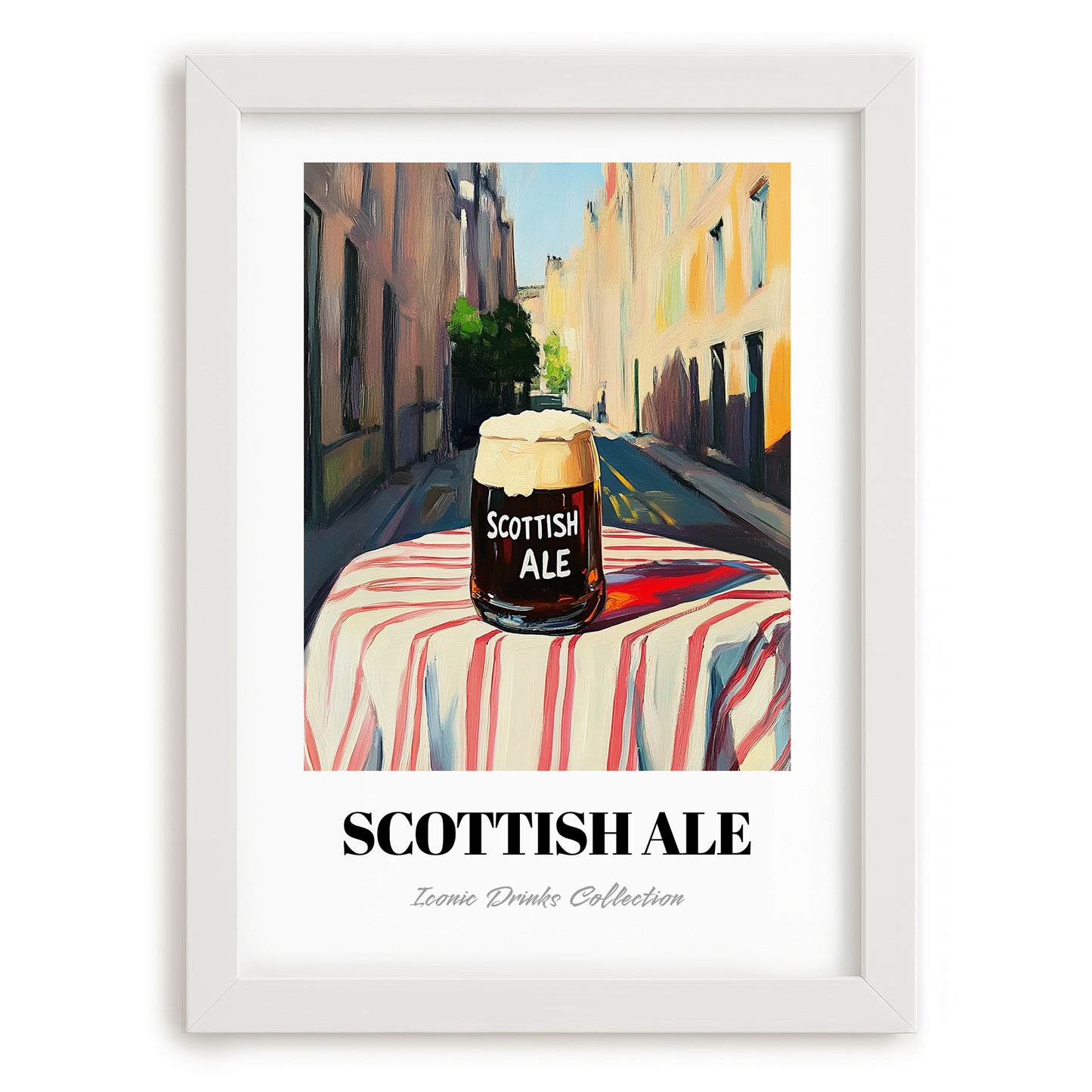 Scottish Ale – Scottish Street Café Scene, Scottish Whiskey Still Life, placed in minimal white frame