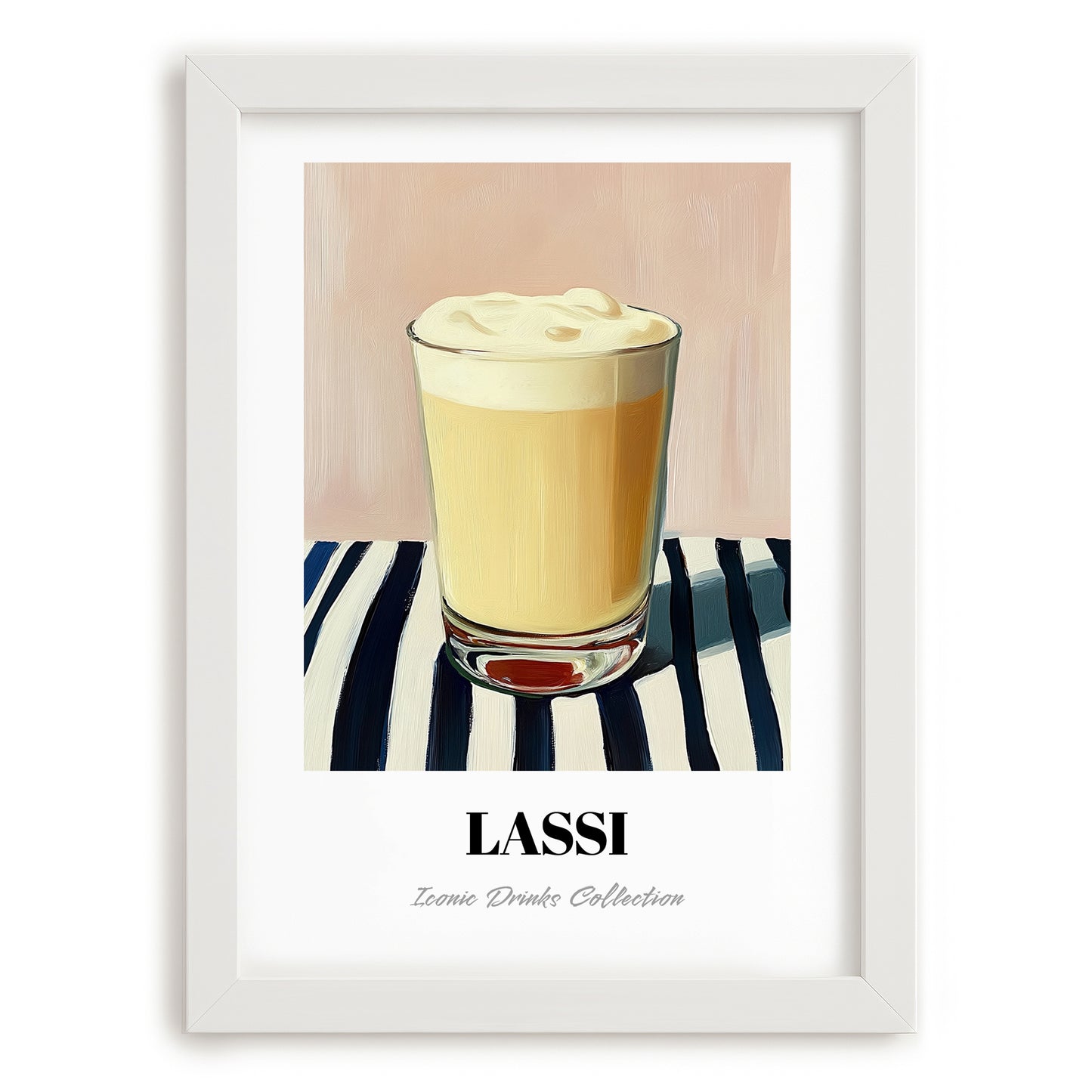 Lassi – on Striped Tablecloth, Pakistani Beverage Painting, placed in minimal white frame