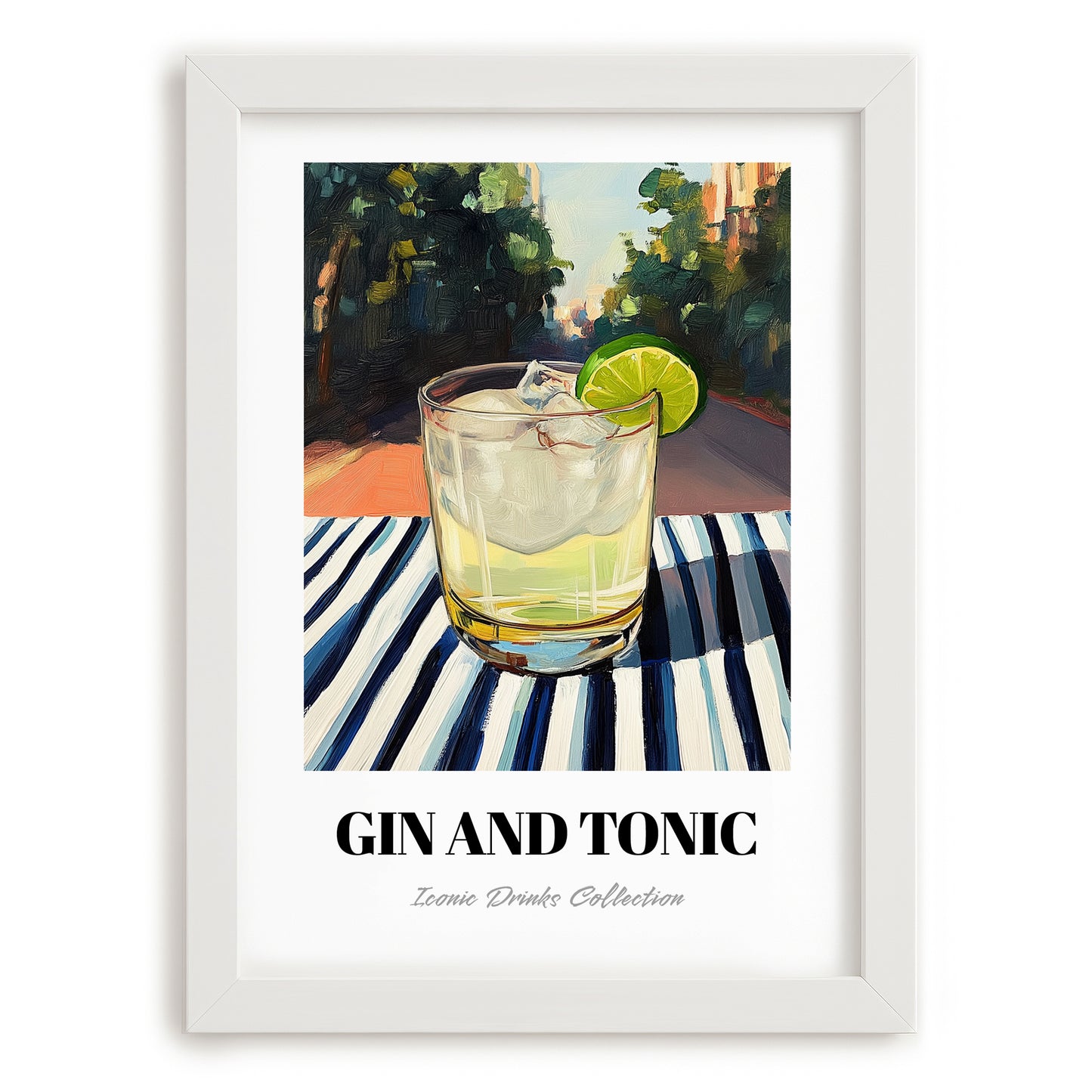 Gin And Tonic – English Outdoor Café Scene, English Spirit Wall Decor, placed in minimal white frame