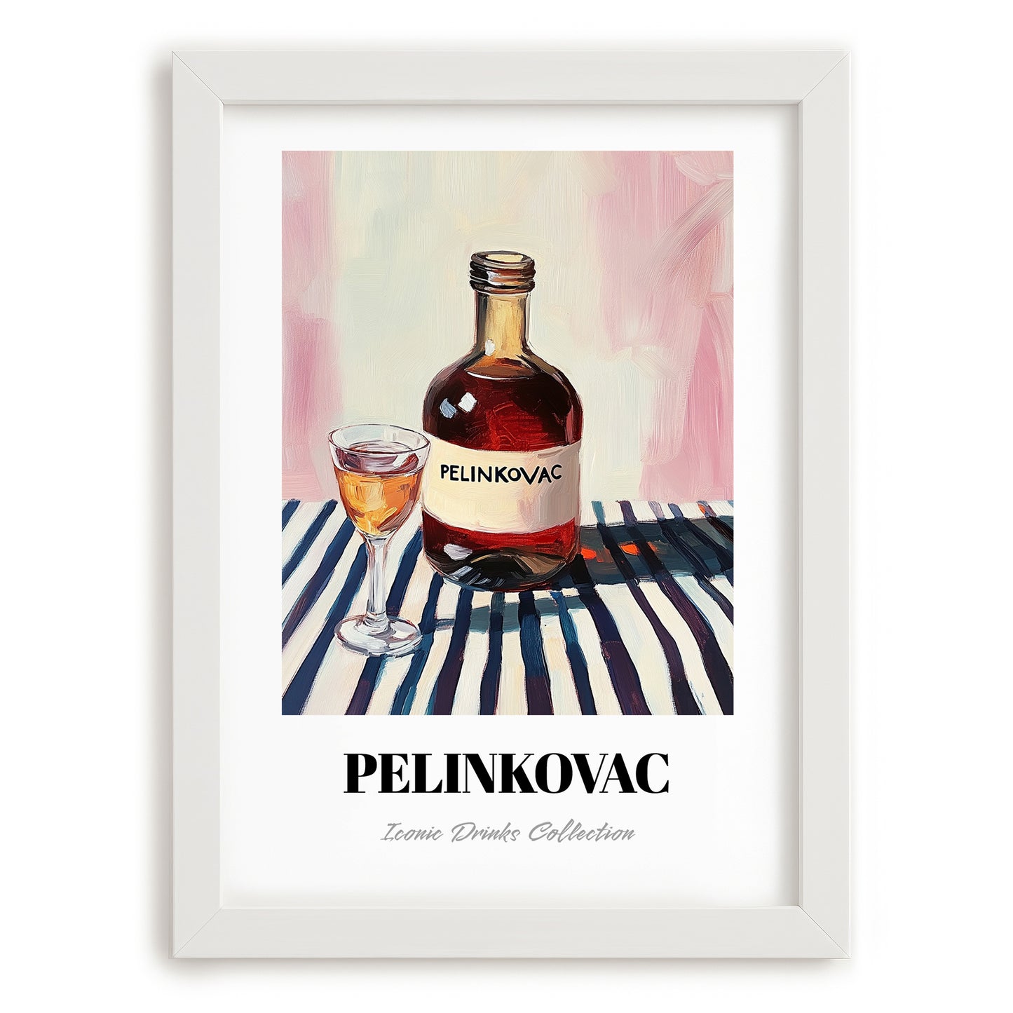 Pelinkovac – on Striped Tablecloth, Croatian Beverage Illustration, placed in minimal white frame