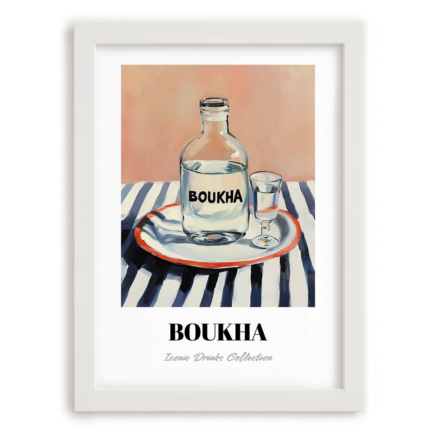 Boukha – on Striped Tablecloth, Tunisian Wine Still Life, placed in minimal white frame