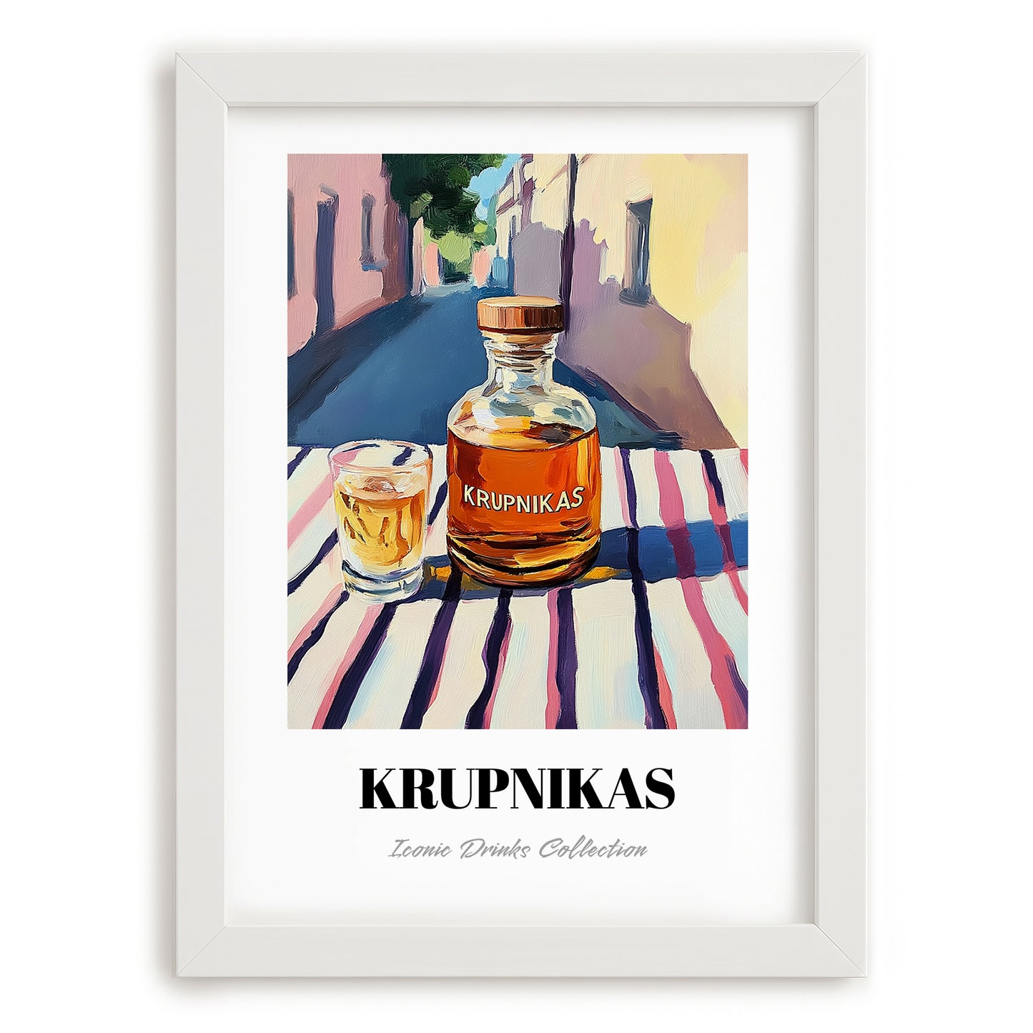 Krupnikas – Lithuanian Outdoor Café Scene, Lithuanian Spirit Still Life, placed in minimal white frame