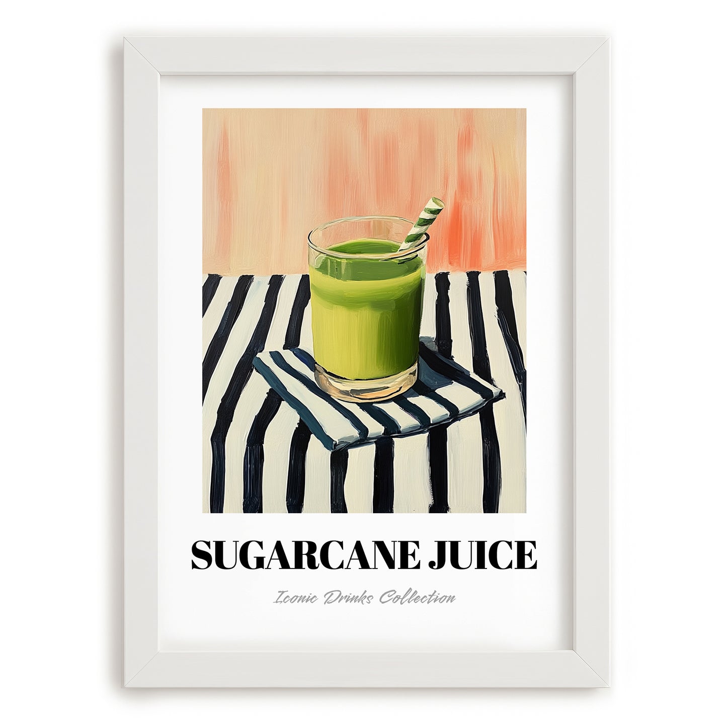 Sugarcane Juice – on Striped Tablecloth, Egyptian Beverage Still Life, placed in minimal white frame