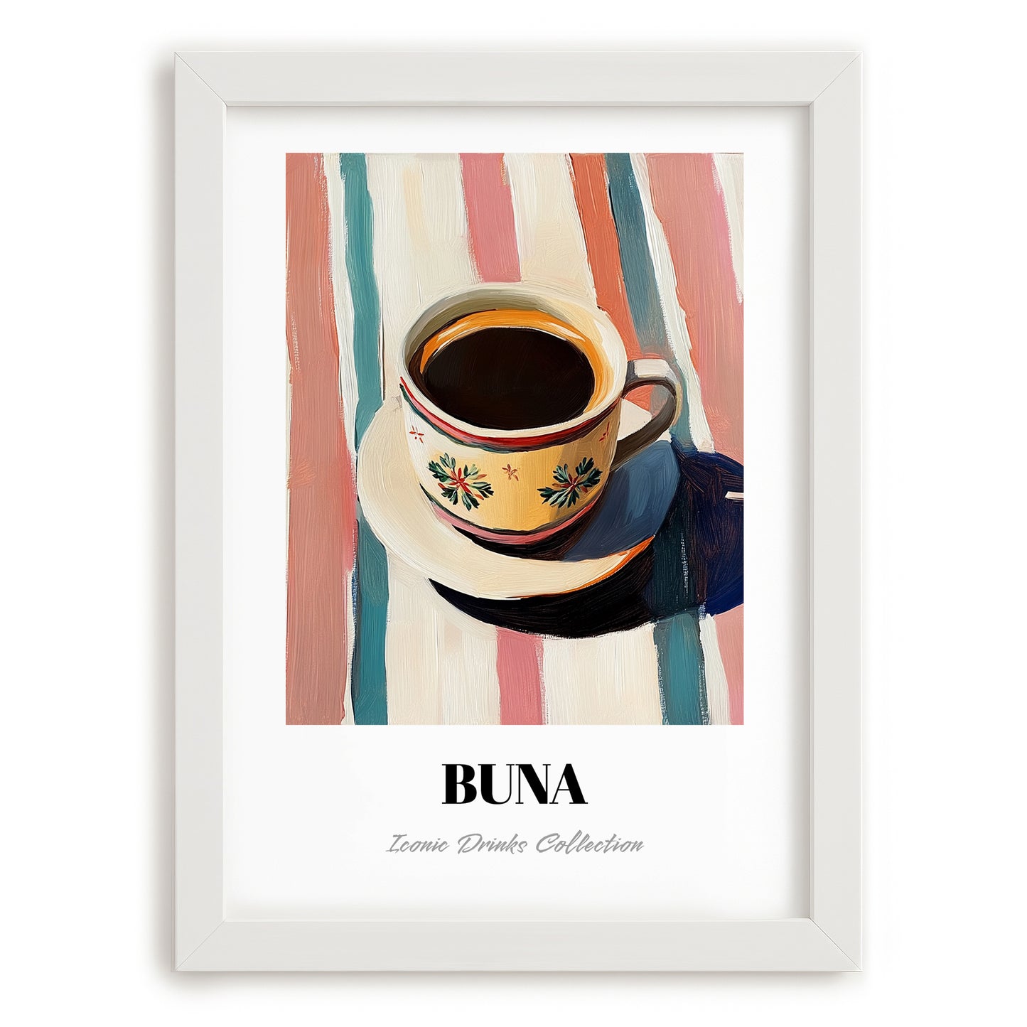 Buna – on Striped Tablecloth, Ethiopian Coffee Painting, placed in minimal white frame