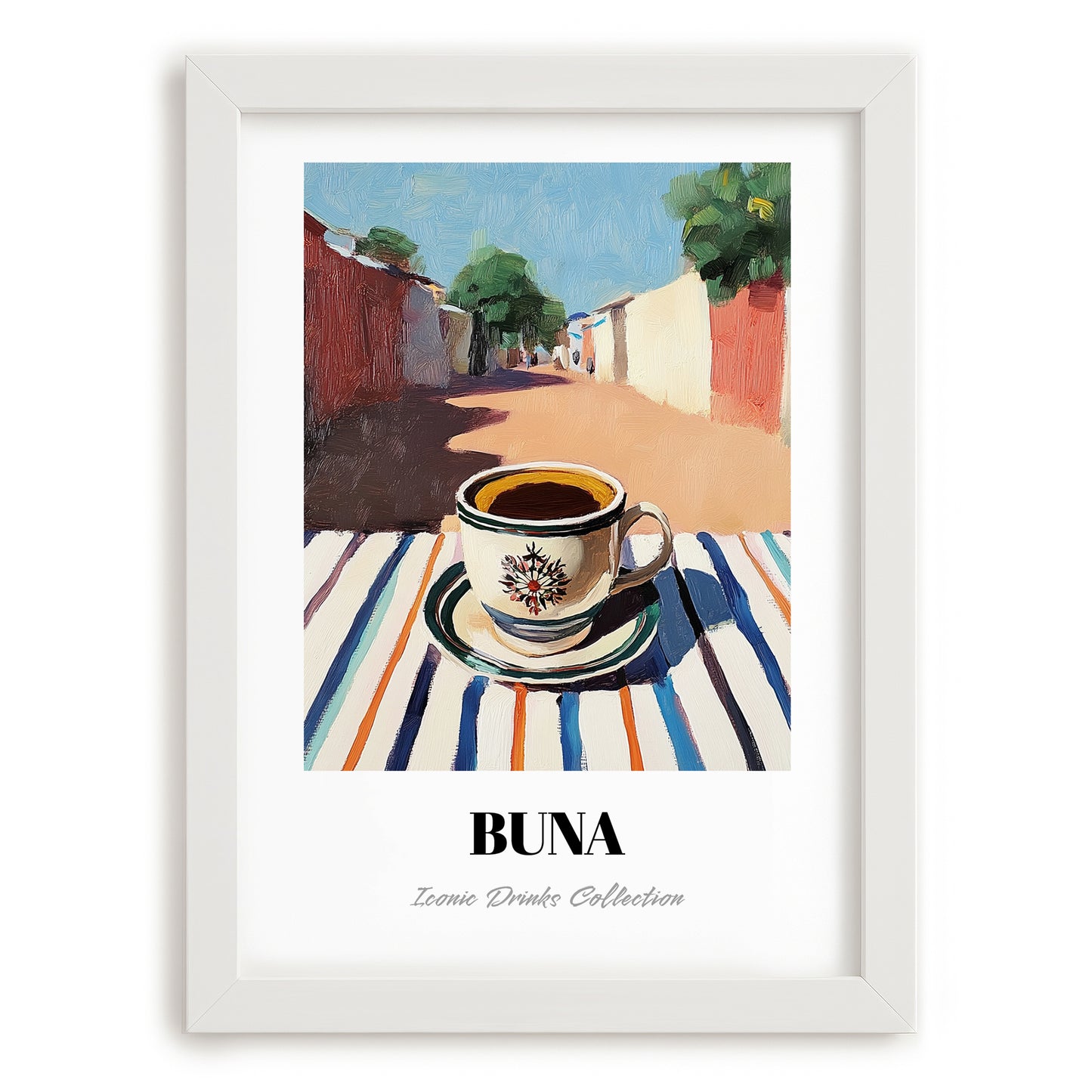 Buna – Ethiopian Outdoor Café Scene, Ethiopian Coffee Wall Decor, placed in minimal white frame