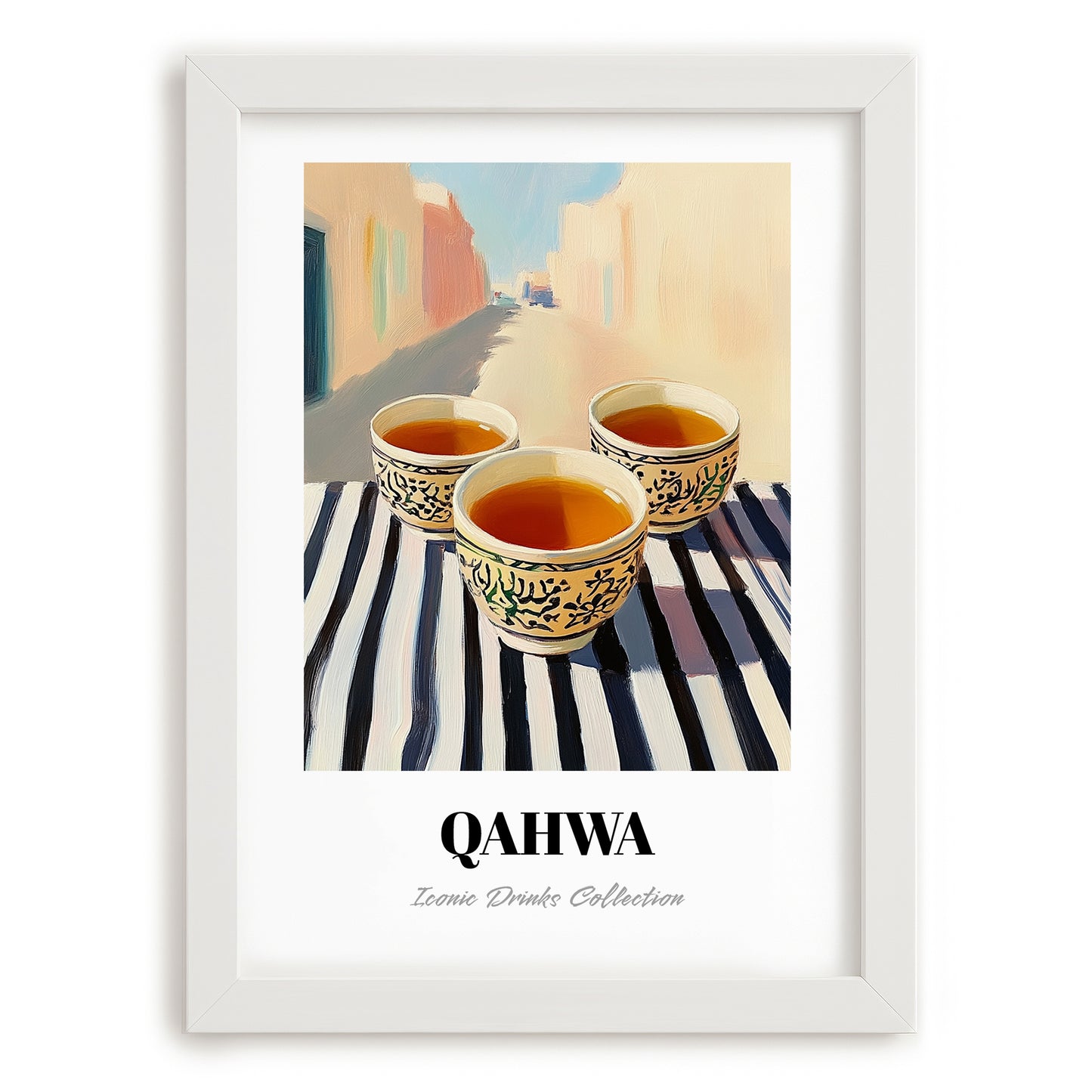 Qahwa – Saudi Café on the Corner, Saudi Coffee Still Life, placed in minimal white frame