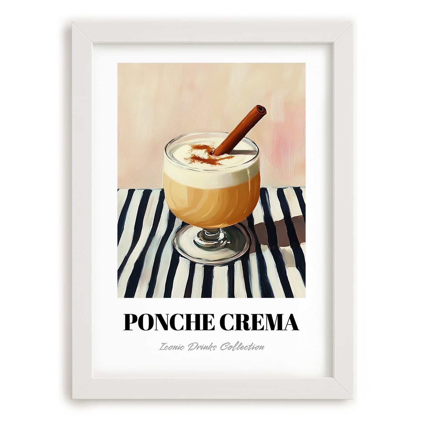 Ponche Crema – on Striped Tablecloth, Venezuelan Beverage Still Life, placed in minimal white frame