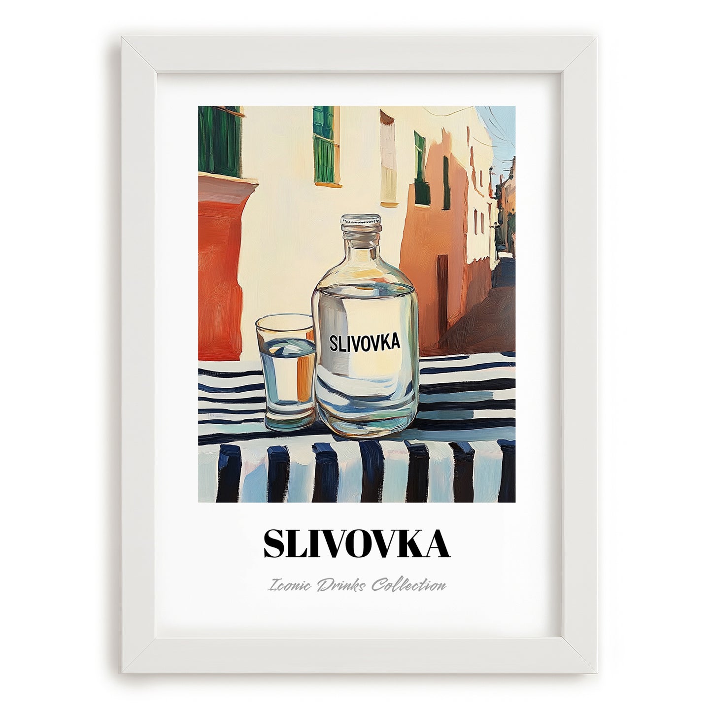 Slivovka – Slovenian Street Café Scene, Slovenian Spirit Still Life, placed in minimal white frame