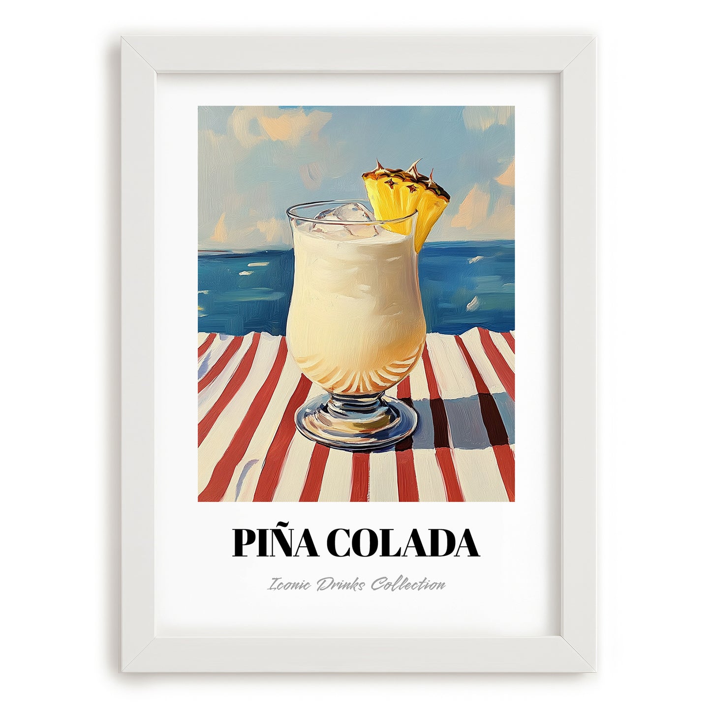 Piña Colada – Puerto Rican Coastal Café Moment, Puerto Rican Cocktail Poster, placed in minimal white frame