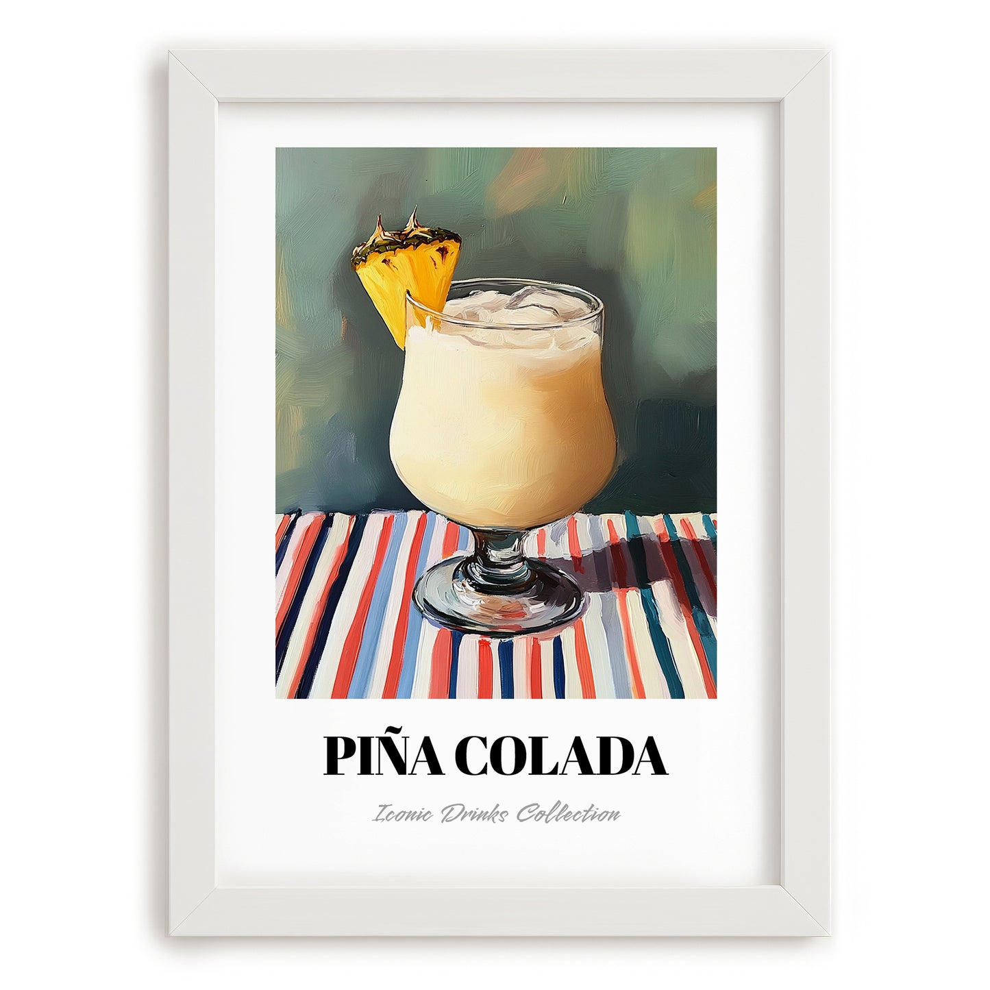 Piña Colada – on Striped Tablecloth, Puerto Rican Cocktail Wall Painting, placed in minimal white frame