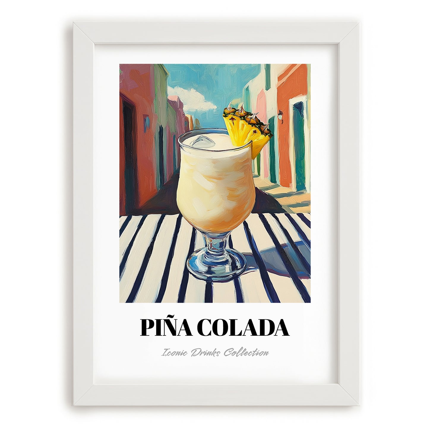 Piña Colada – Puerto Rican Urban Café Scene, Puerto Rican Spirit Wall Painting, placed in minimal white frame