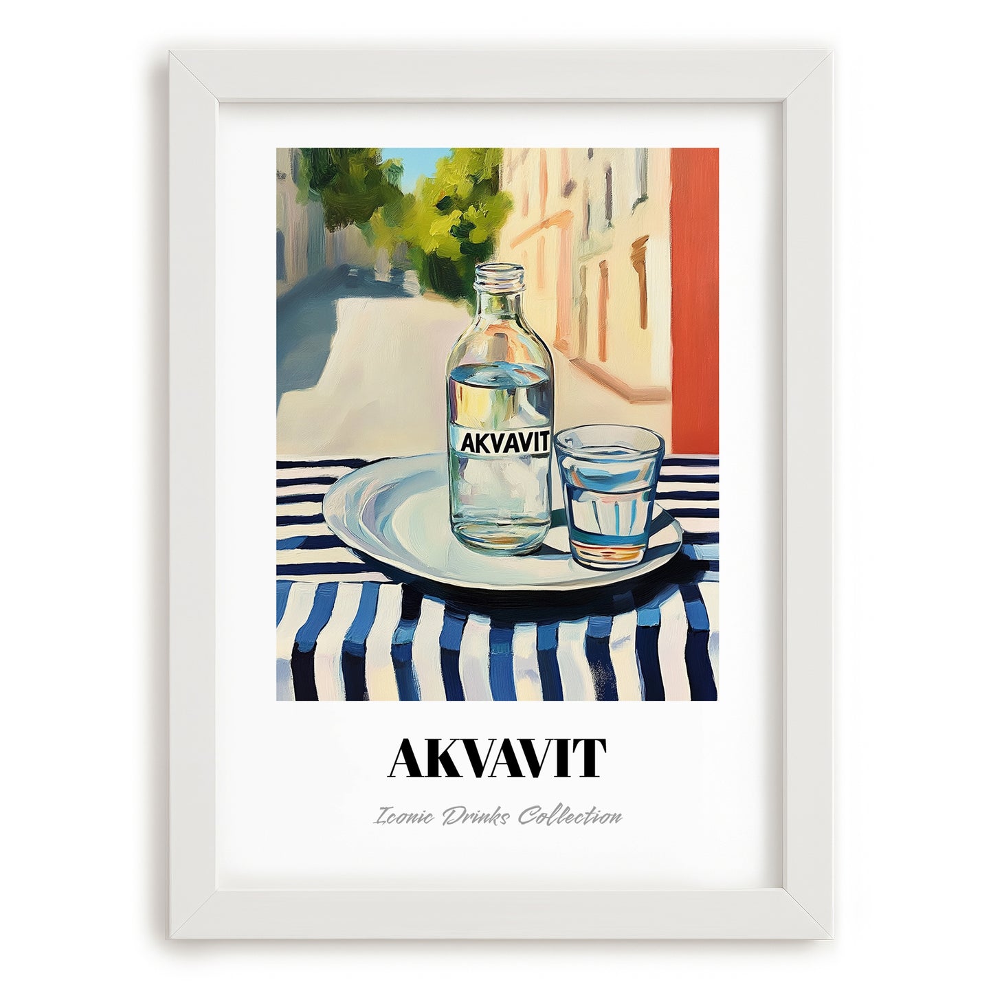 Akvavit – Danish Café on the Corner, Danish Spirit Still Life, placed in minimal white frame