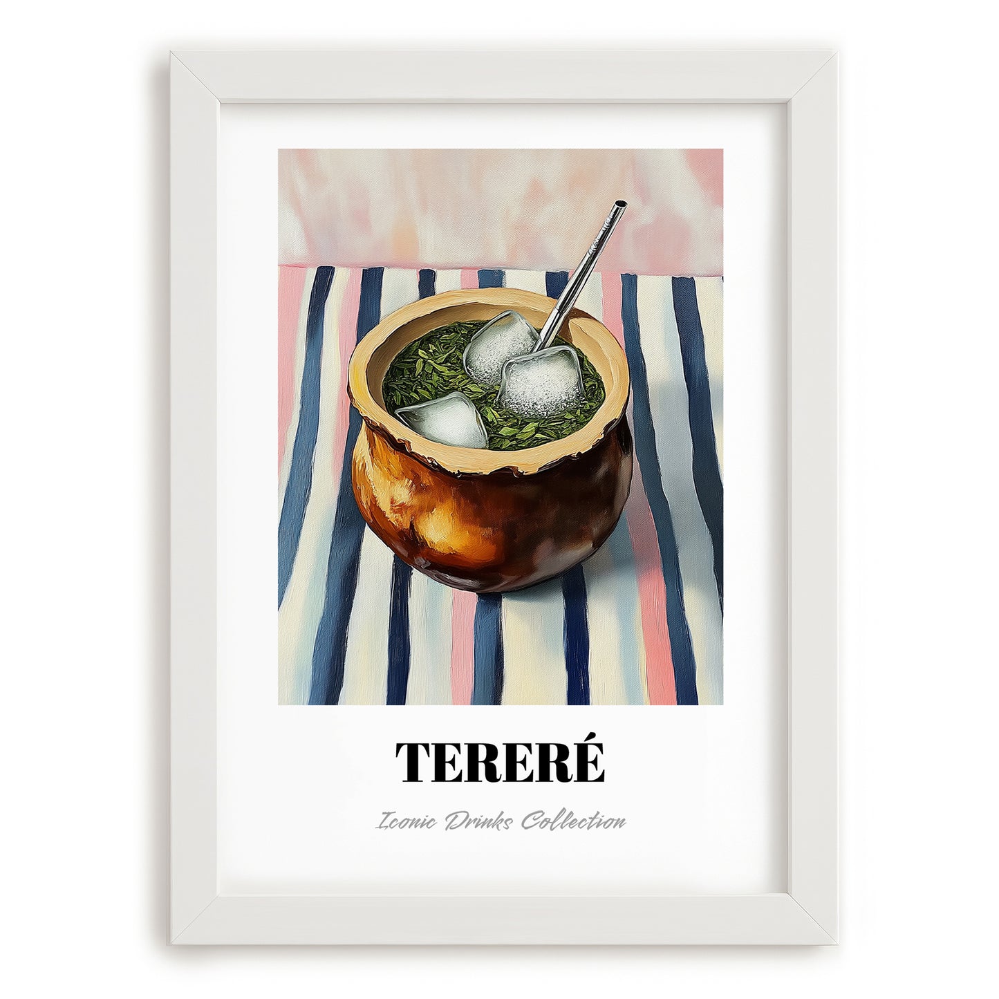 Tereré – on Striped Tablecloth, Paraguayan Wine Painting, placed in minimal white frame
