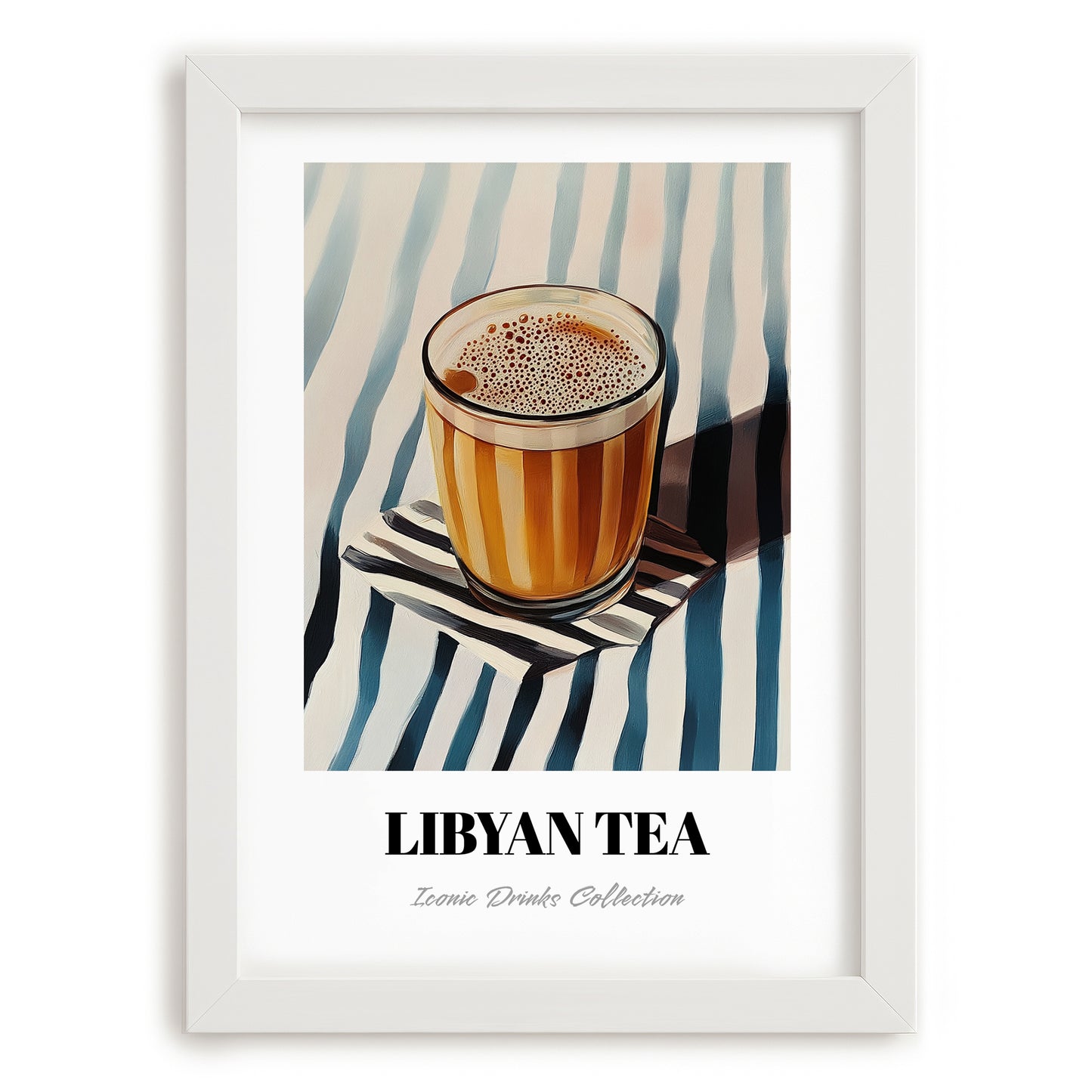 Libyan Tea – on Striped Tablecloth, Libyan Beverage Still Life, placed in minimal white frame