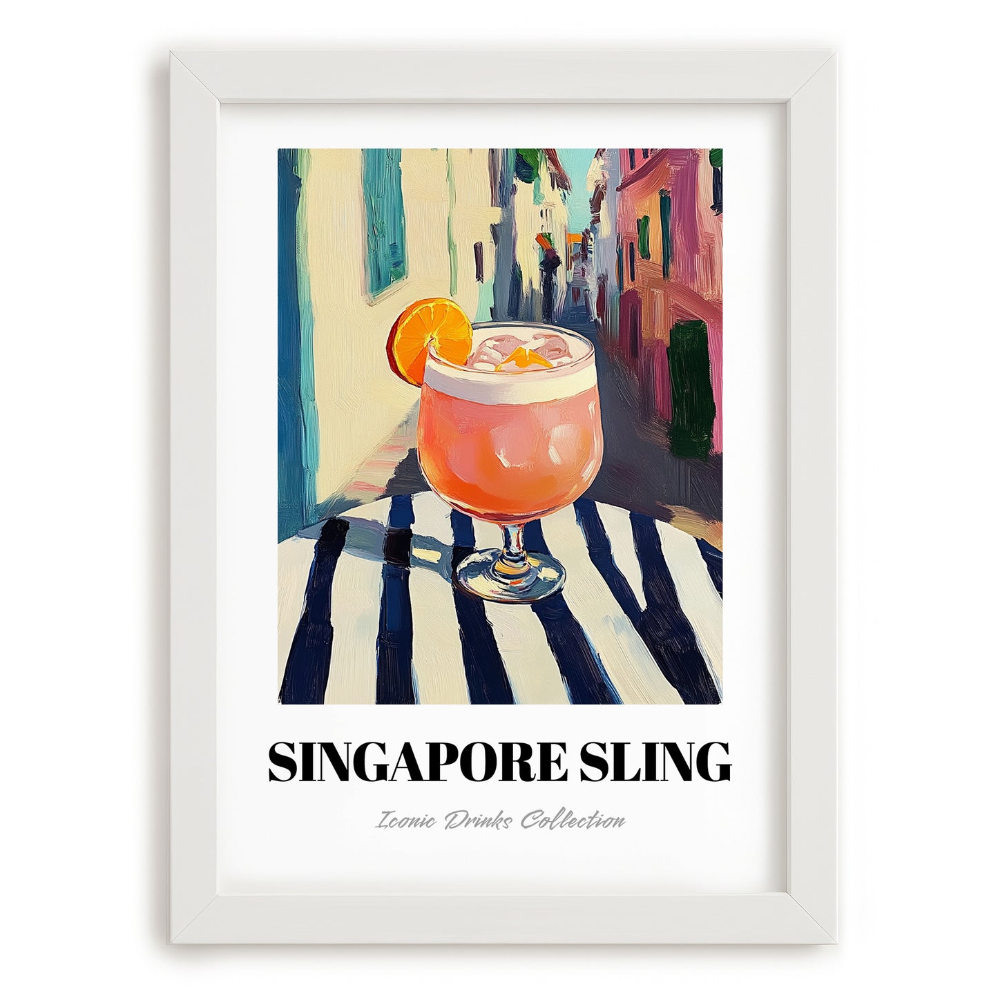 Singapore Sling – Singaporean Street Café Scene, Singaporean Beverage Wall Decor, placed in minimal white frame
