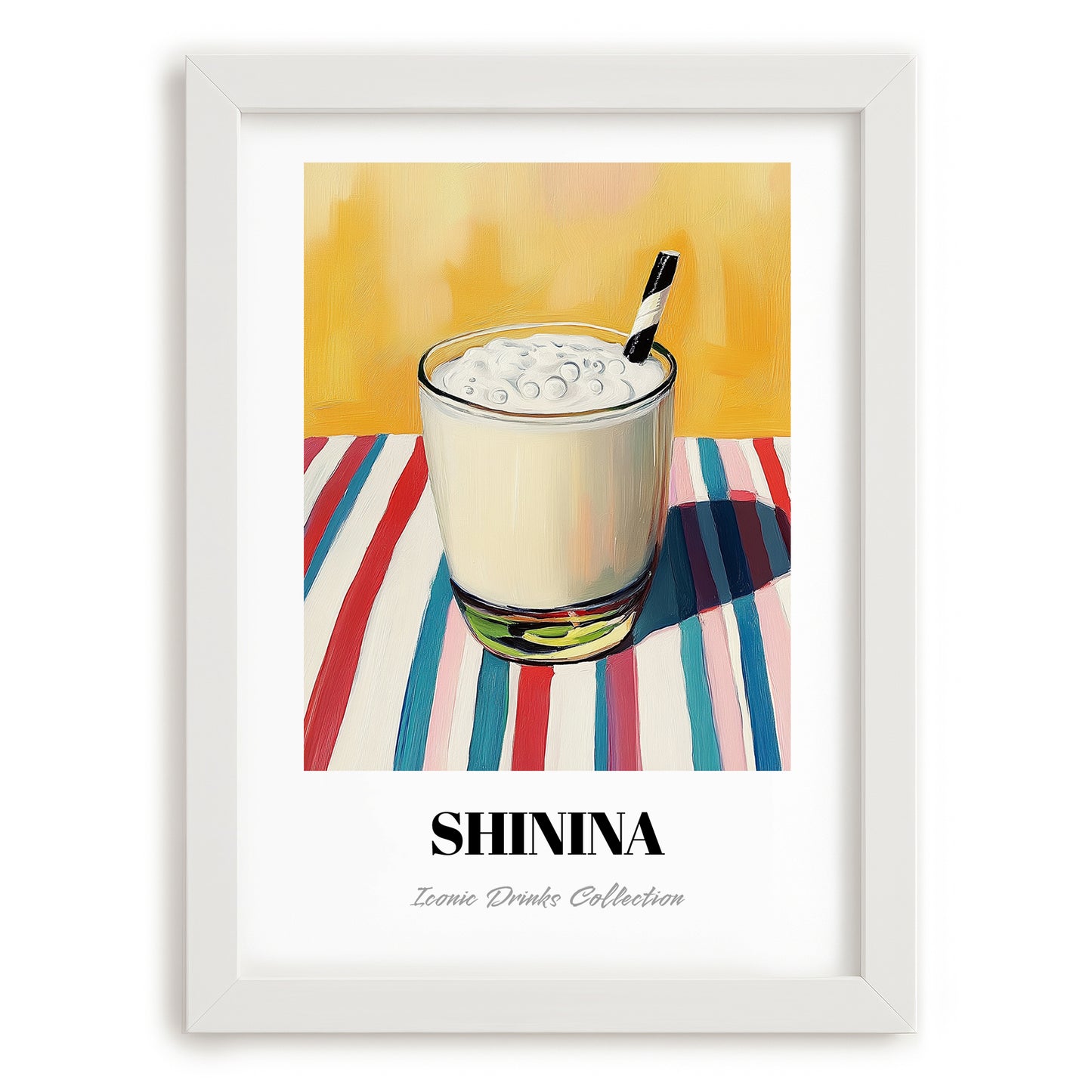 Shinina – on Striped Tablecloth, Iraqi Cocktail Art, placed in minimal white frame