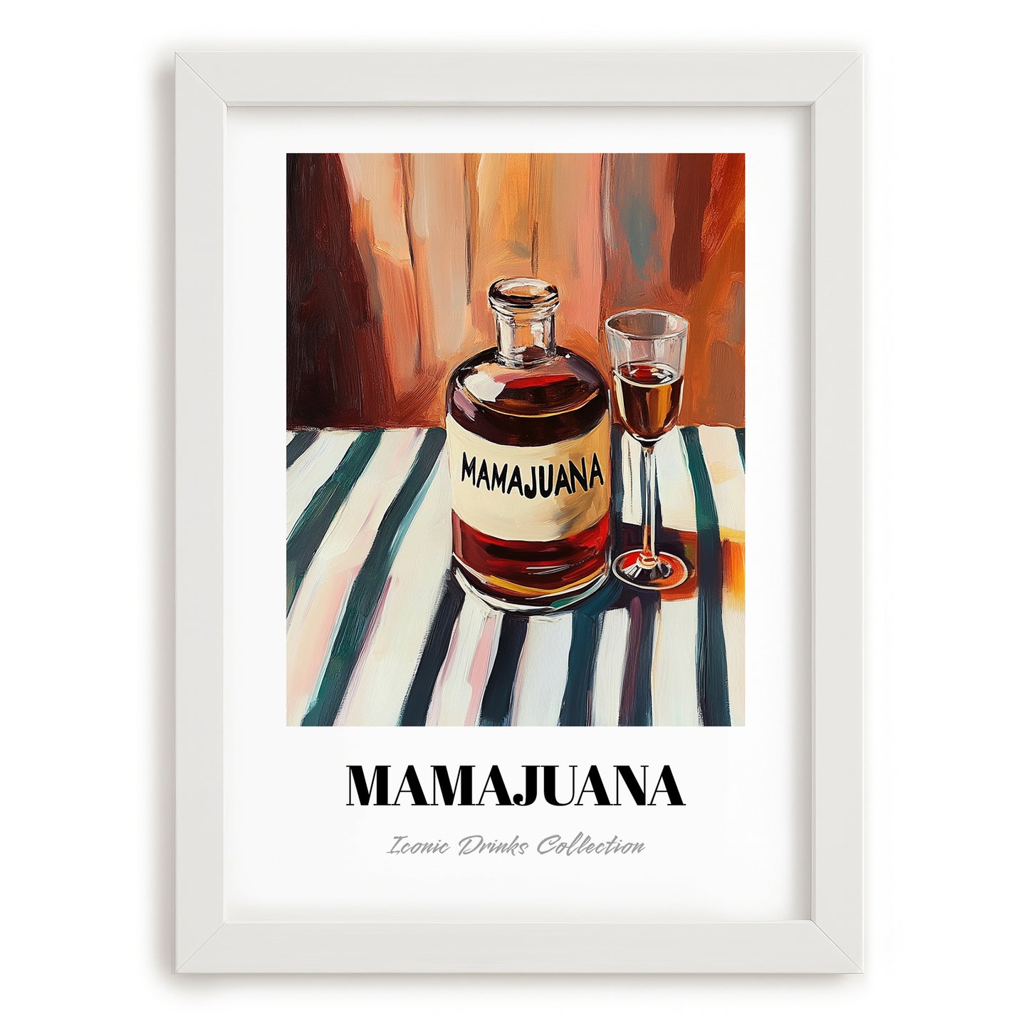 Mamajuana – on Striped Tablecloth, Dominican Spirit Still Life, placed in minimal white frame