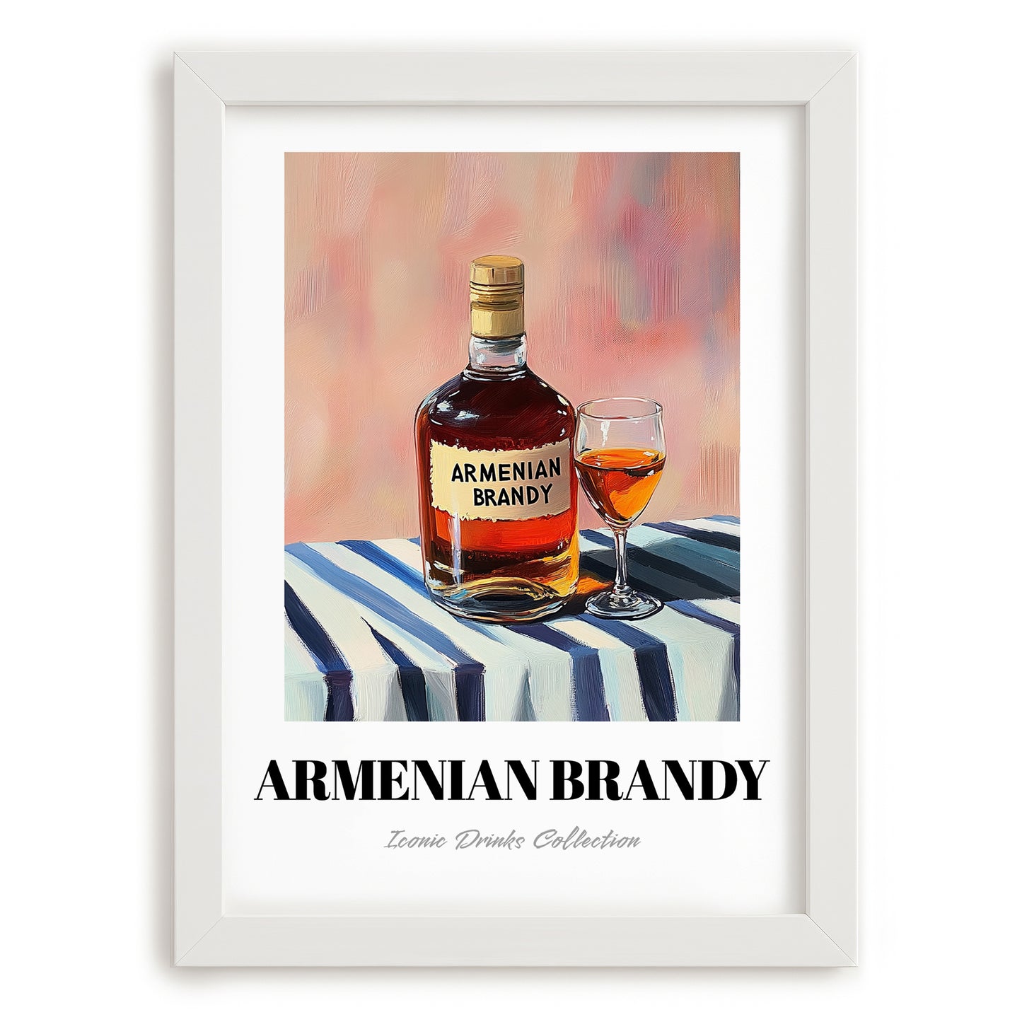 Armenian Brandy – on Striped Tablecloth, Armenian Spirit Wall Decor, placed in minimal white frame