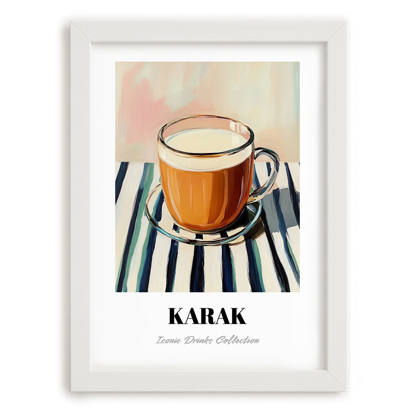 Karak – on Striped Tablecloth, Qatari Beverage Wall Decor, placed in minimal white frame