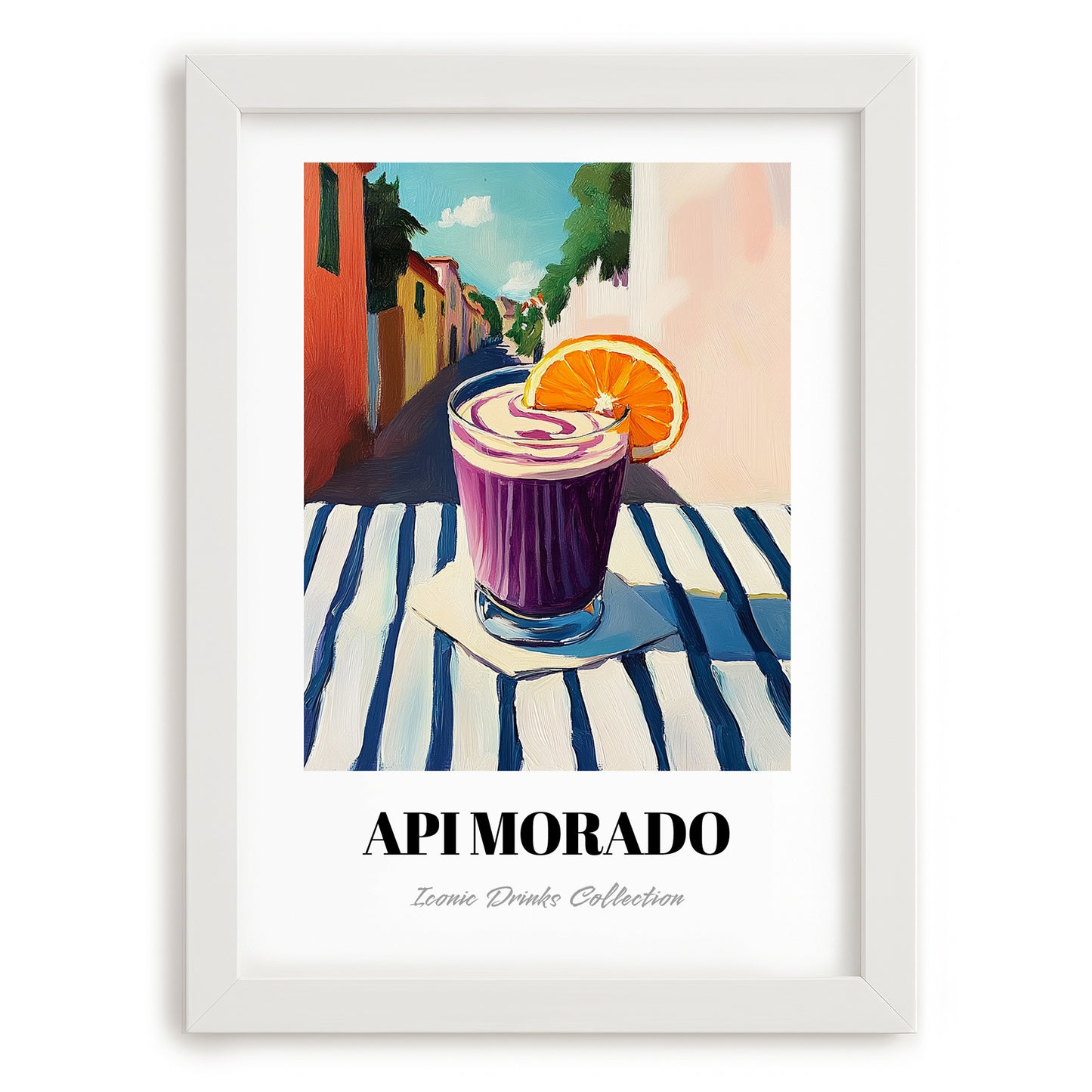 Api Morado – Bolivian Outdoor Café Scene, Bolivian Beverage Still Life, placed in minimal white frame