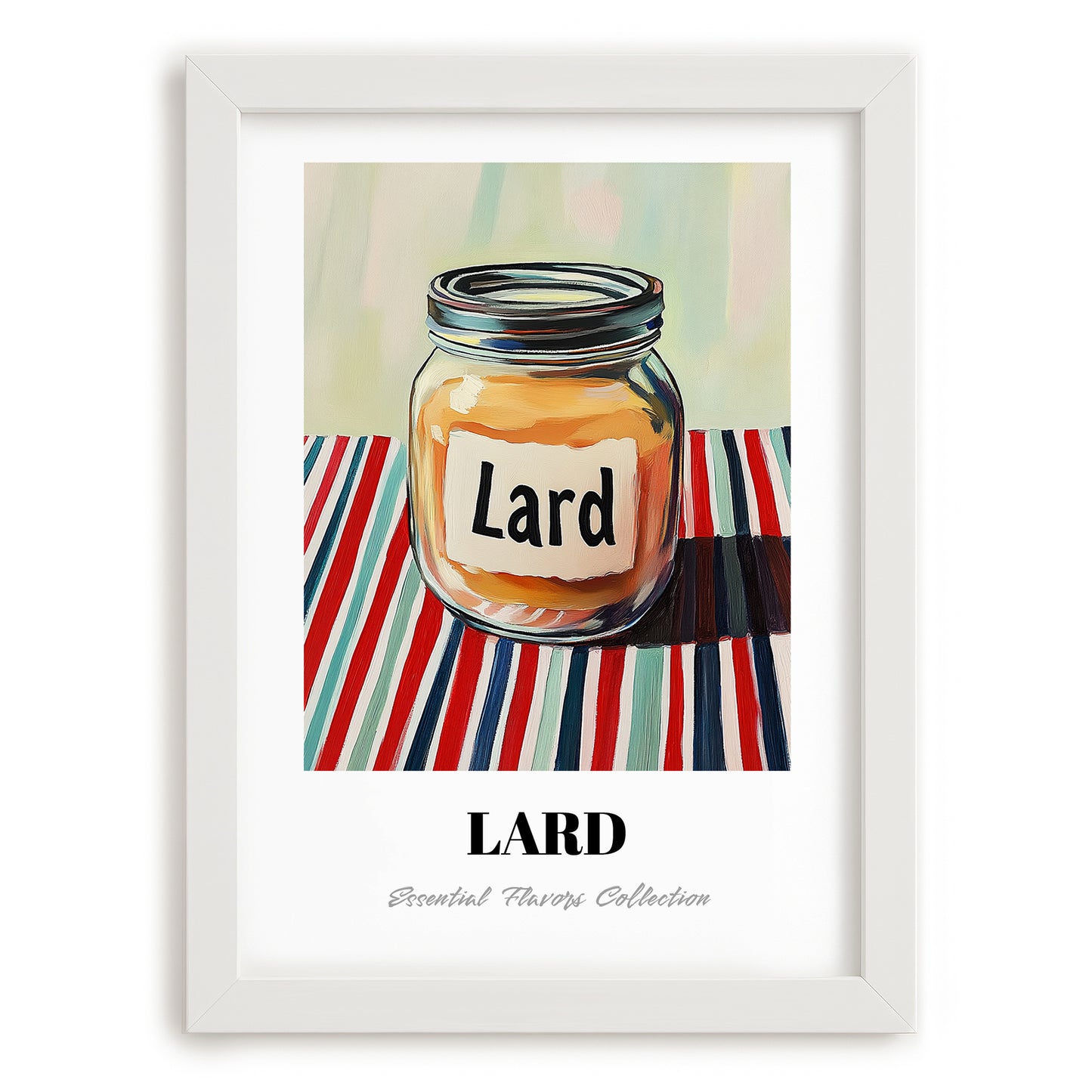 Lard – on Striped Tablecloth, Pantry Art, placed in minimal white frame