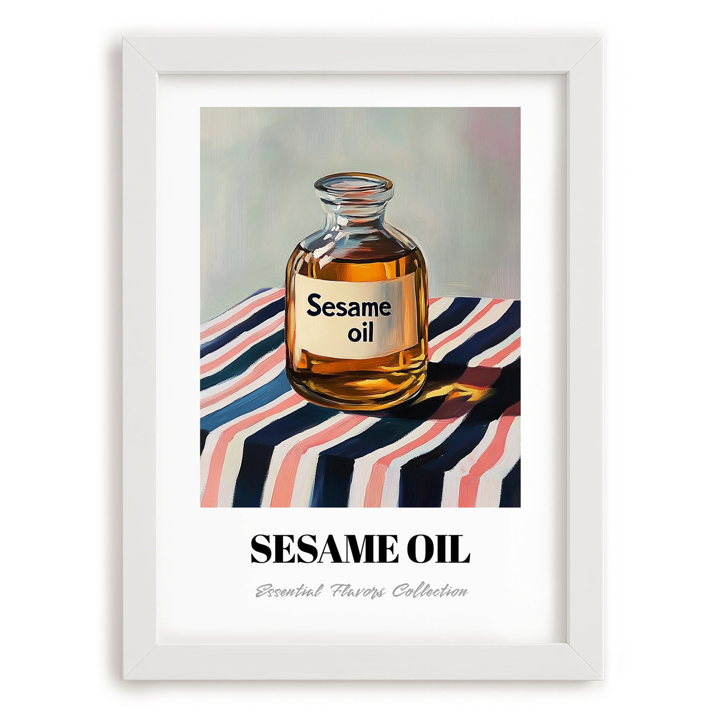Sesame Oil – on Striped Tablecloth, Pantry Painting, placed in minimal white frame