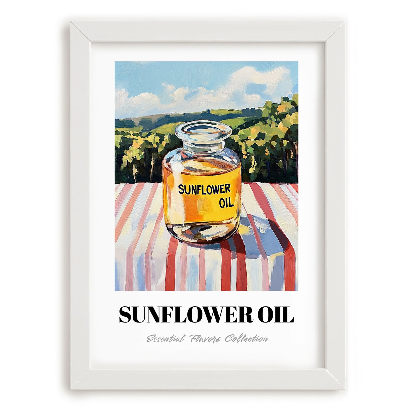 Sunflower Oil – Italian Hillside Café View, Ingredients Corner Painting, placed in minimal white frame
