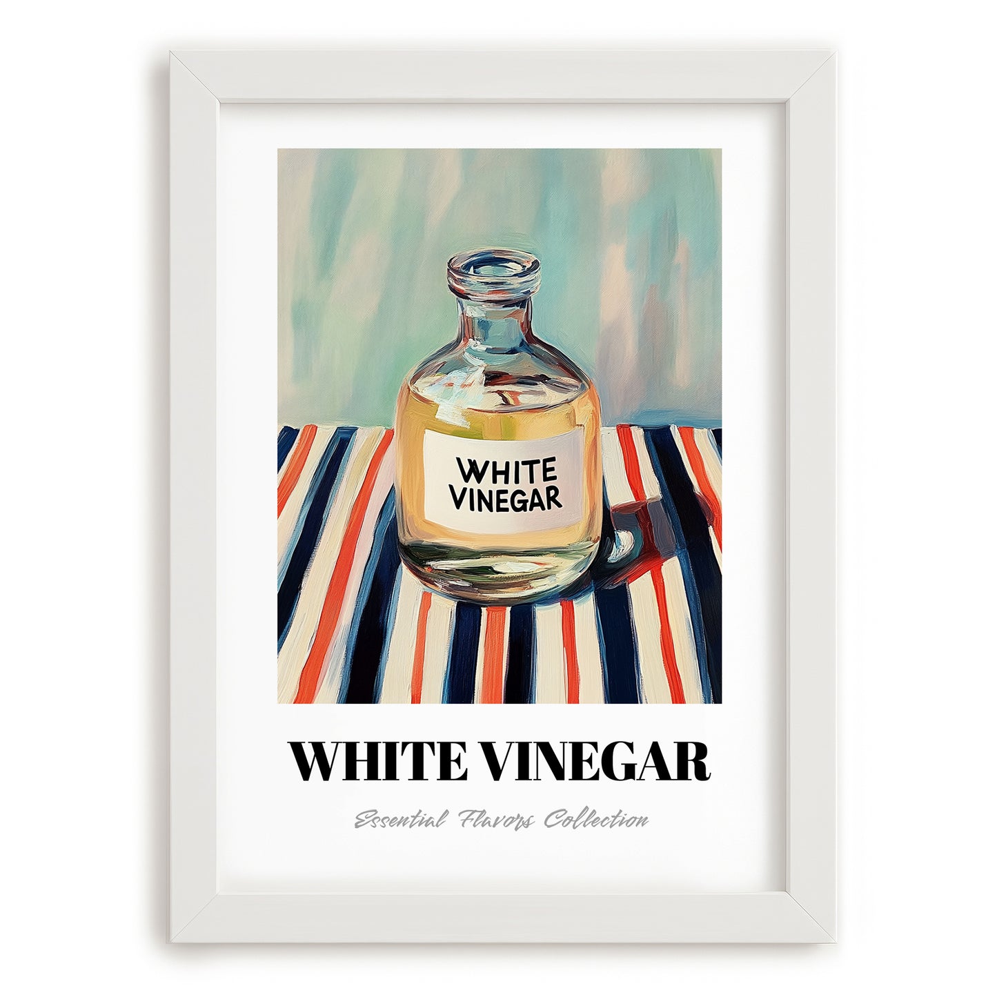 White Vinegar – on Striped Tablecloth, Larder Wall Decor, placed in minimal white frame